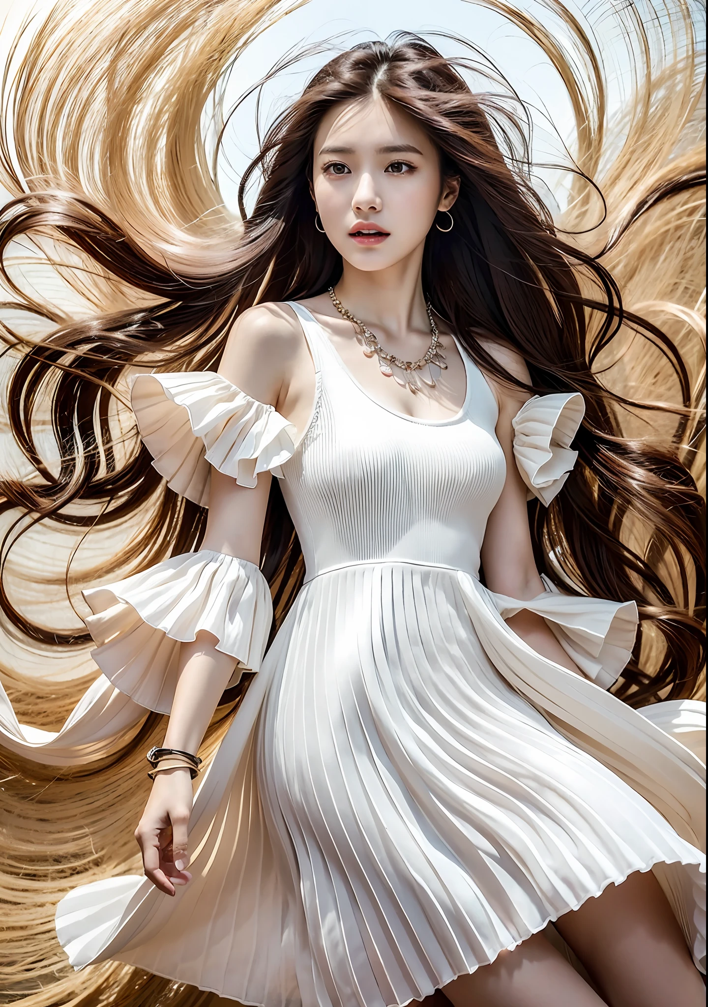 ((top quality, 8k, masterpiece: 1.3)), women (full body portrait, wearing long dresses with white pleats and ruffles), scorching sun, background glass, overhead camera, sharp focus: 1.2, cute women: 1.4, ((brown, long hair, floating hair)), very detailed face and skin and hair texture, wind, curling skirts, small necklaces on the neck, bracelets, Ring, detailed eyes, double eyelids, white skin, beautiful legs, beautiful delicate nose, cute young Japan woman, 24 years old, with dynamic angles, featuring calm tones and contrasting mixes of light and shadow, while exuding melancholy emotions, while emphasizing the subject's hair, eyes, mouth and action, it is a composition pleasing to the eye and suggestive.