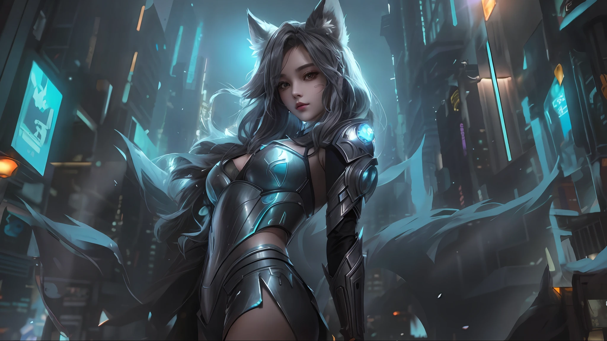 Superb image quality, 8k, masterpiece: 1.3, 1girl, super detailed, inspired by League of Legends' Tanuki, cyberpunk city by night, wearing gray metal armor