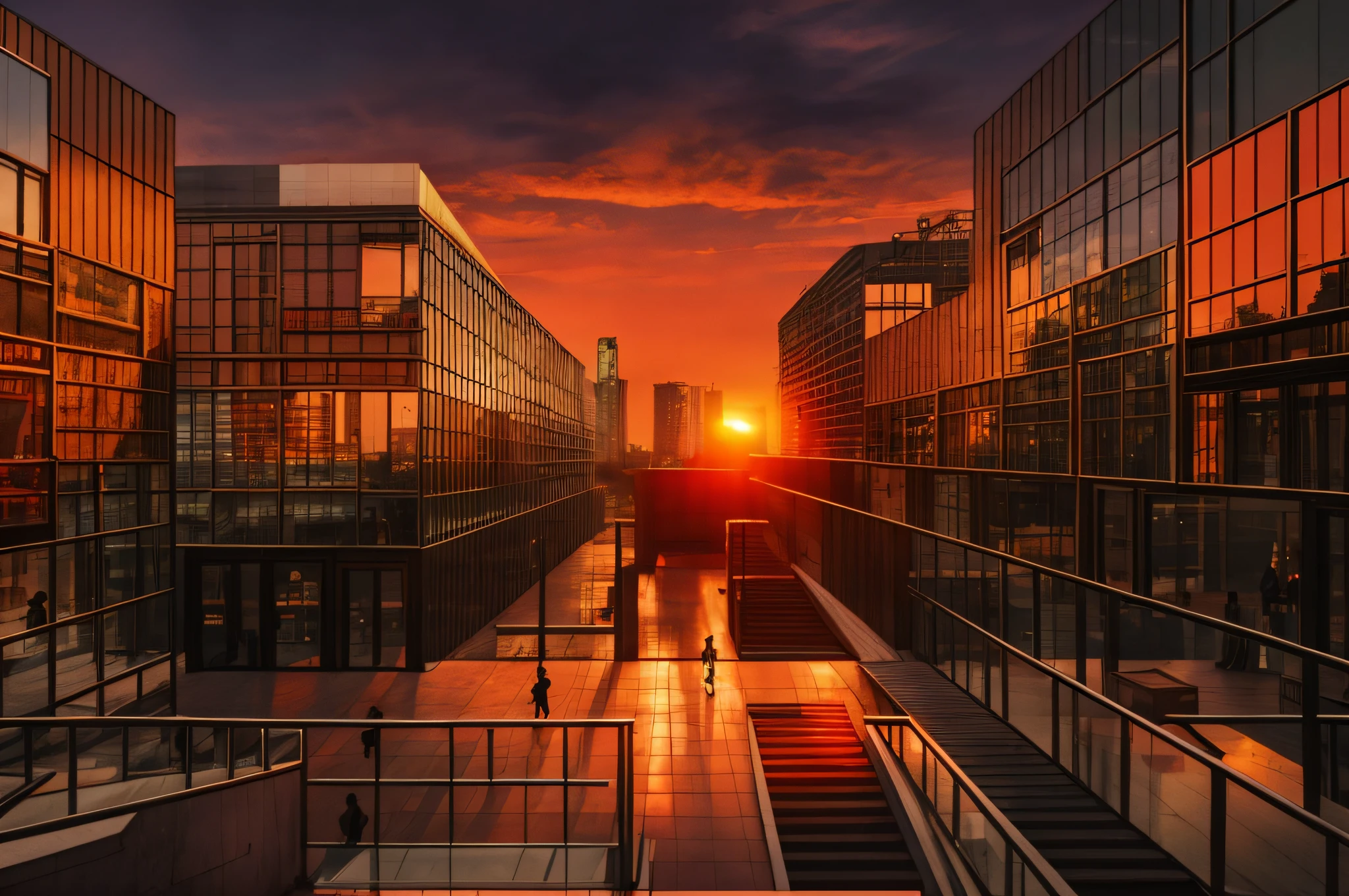 Sunset, commercial area, some pedestrians, intricate details, Sanlitun dusk, fashionable, epic expansive courtyard, architectural shots, very intense,