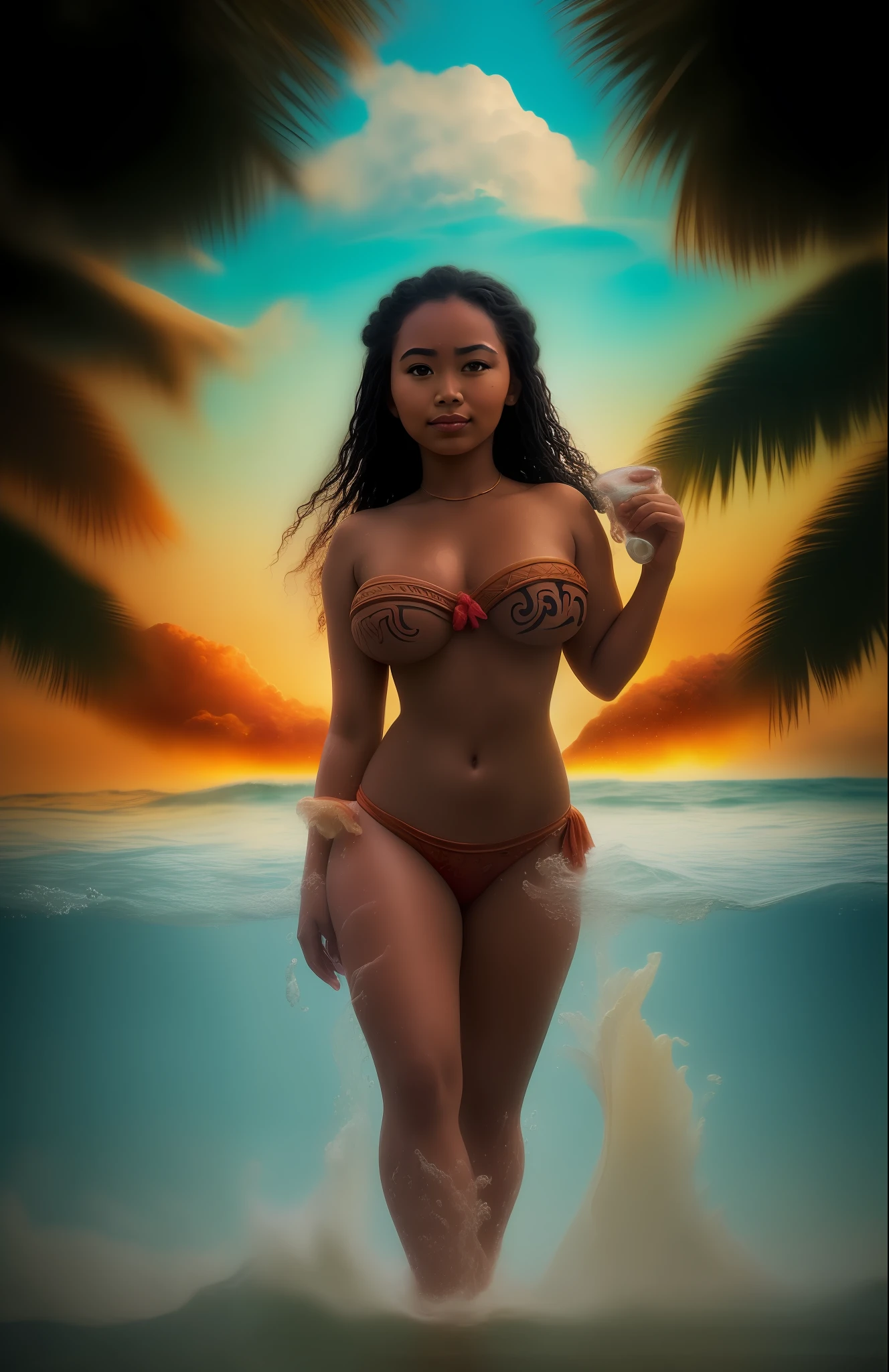 epic movie poster, volcano erupting, award winning (full body:1.3) portrait photo of a (moana:1.2), (seashell bikini:1.2), (water goddess:1.2), tribal tattoos, (wading:1.2) in the pacific (ocean:1.1), arms behind head, (partially submerged shot:1.2), (waves:0.9), desert island background, palm trees, beach,fluffy clouds in the sky, outrun, vaporware, trending on artstation, highly detailed, fine detail, intricate, (lens flare:0.9), (backlighting:0.9), (bloom:0.9), [Style-Micro::10]