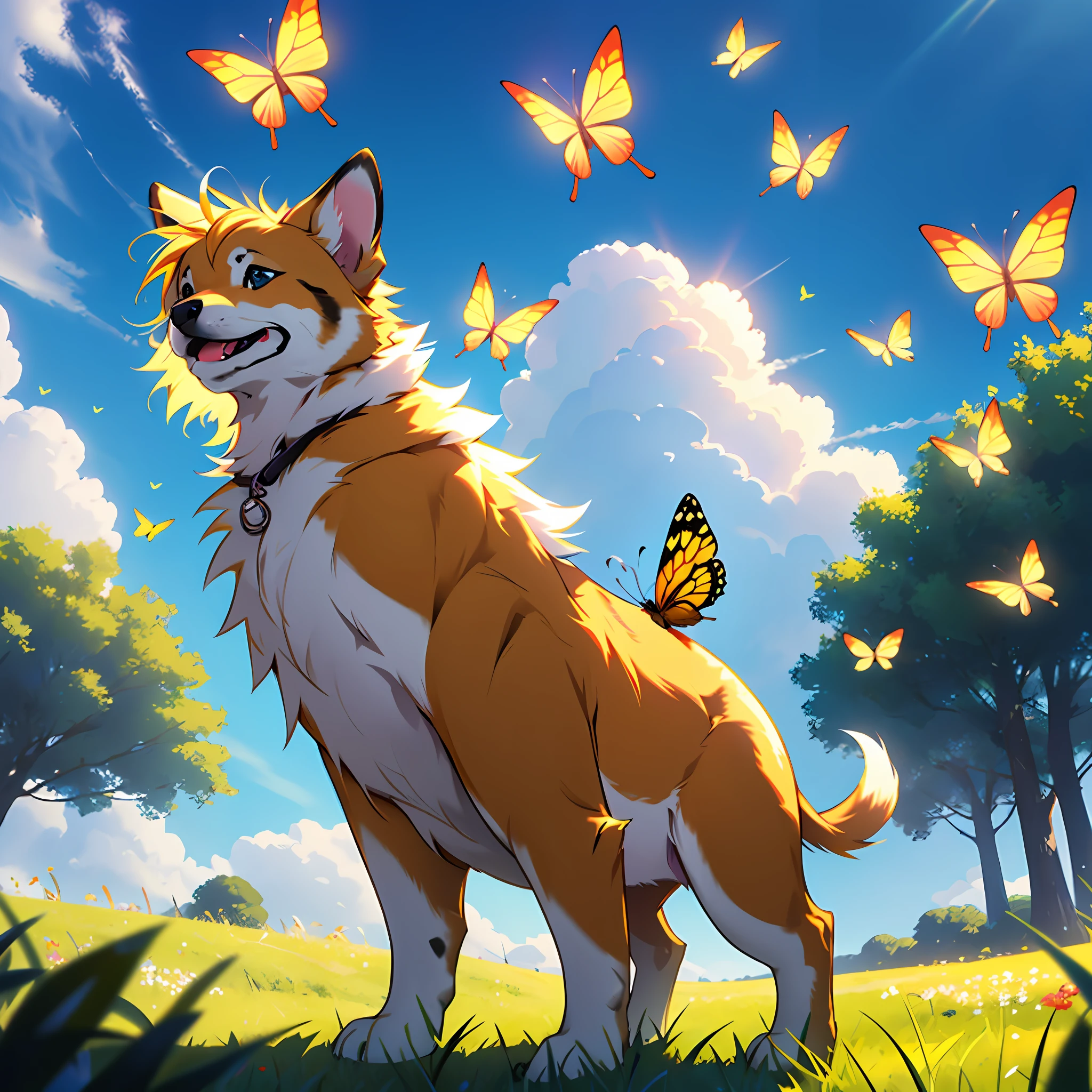 Masterpiece, best quality, 8k resolution, cinematic lighting, a cute puppy, small size, solo, yellow hair, grass, happy, wagging tail, facing the audience, there are several butterflies