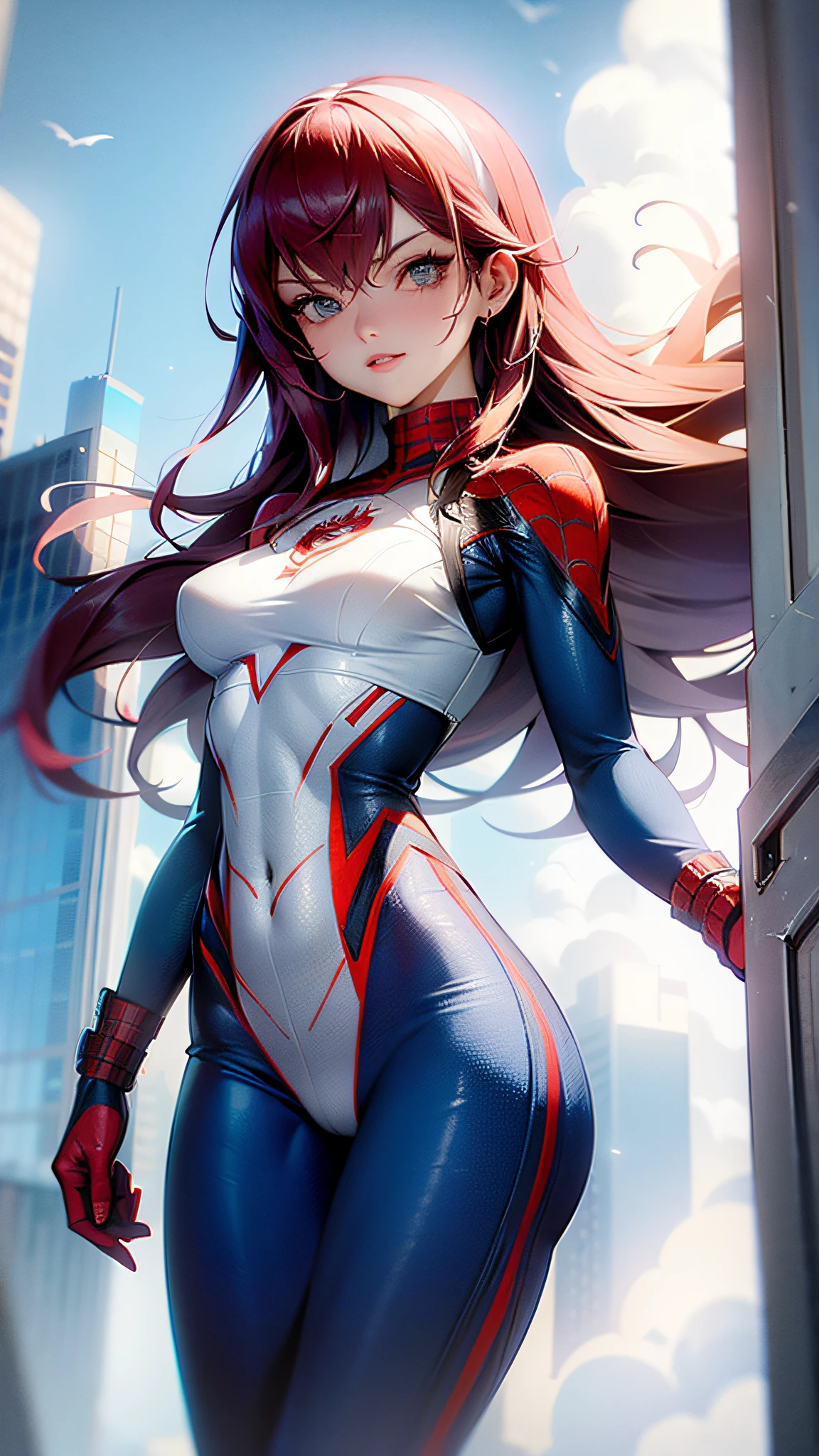 On an aerial carrier, spaceship, battle, beautiful woman with a well-defined body using Spider-Man role-playing, medium breasts