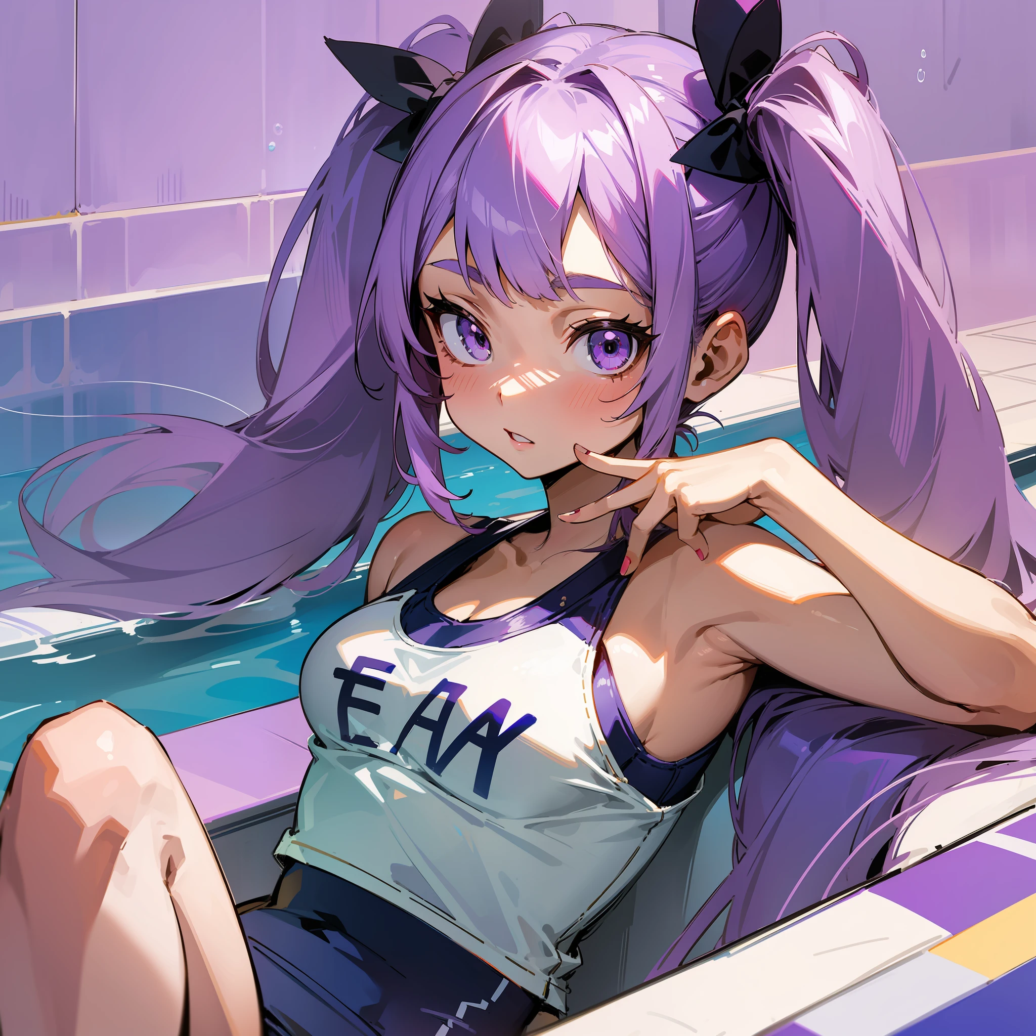 Light purple hair, twin tails again, wearing a navy school swimsuit, "Hina" drawn on the swimsuit, pool background, purple eye color, two red pins on the right bangs
