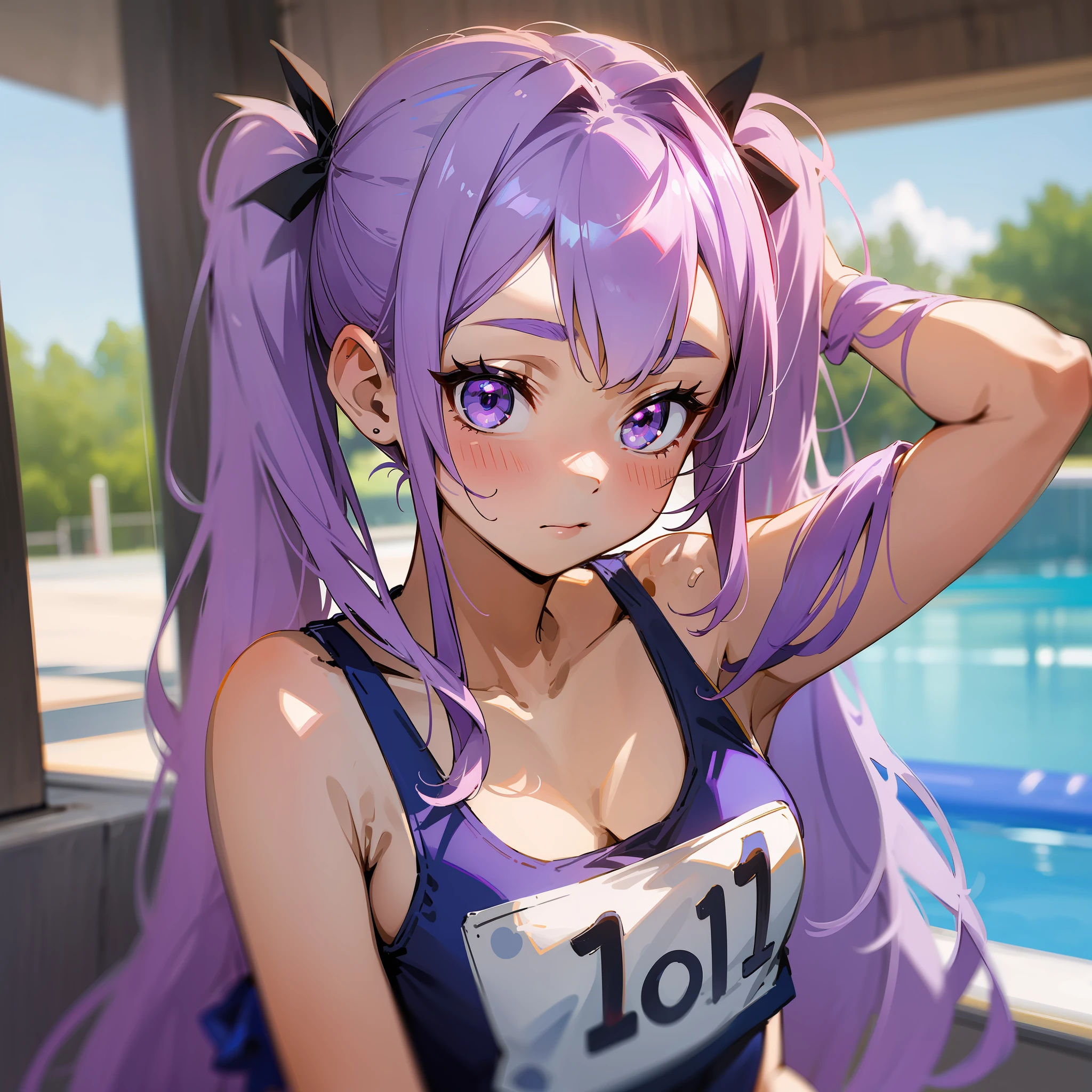 Light purple hair, twin tails again, wearing a navy school swimsuit, "Hina" drawn on the swimsuit, pool background, purple eye color, two red pins on the right bangs