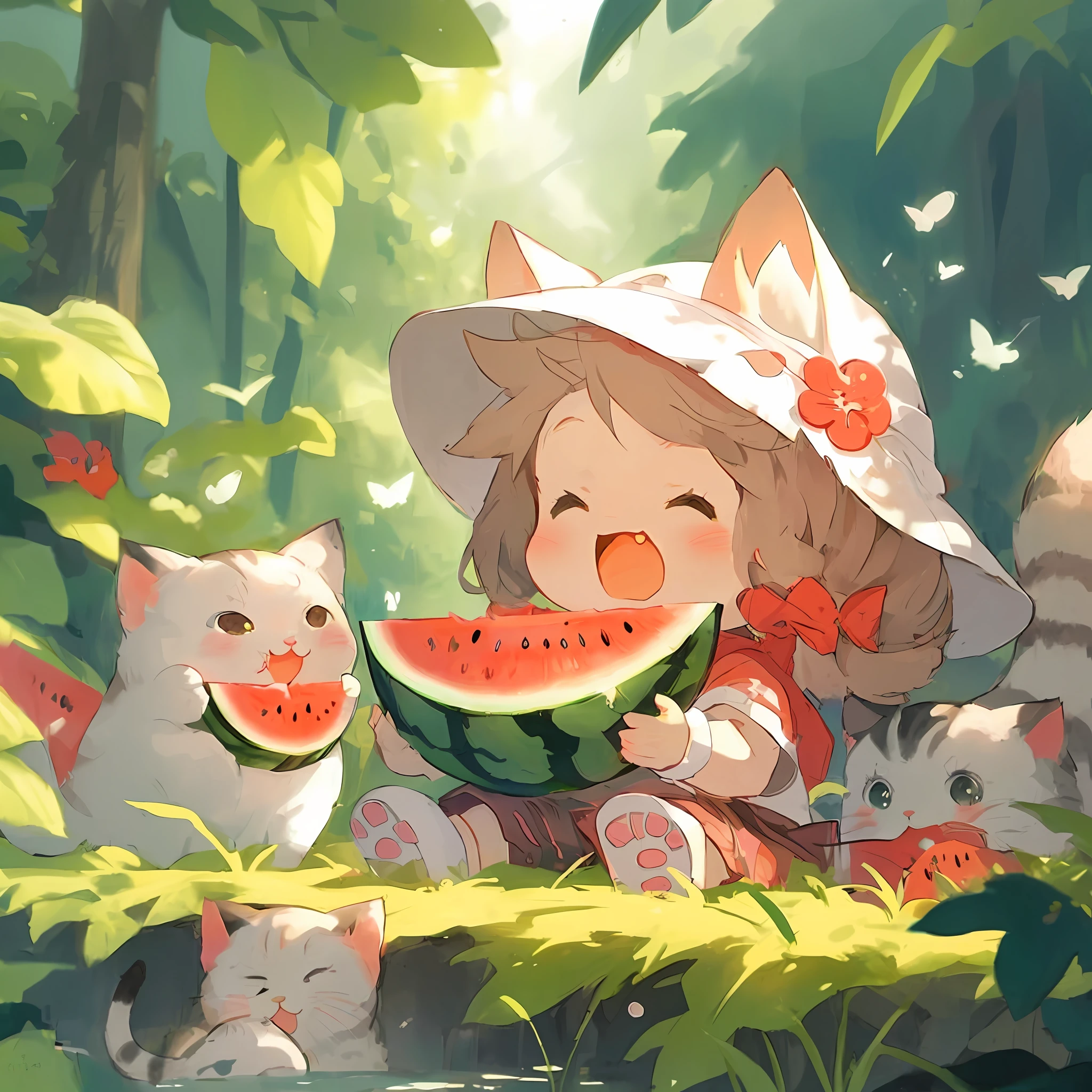 anime girl with a hat and a bunch of cats eating watermelon, cute detailed digital art, cute detailed artwork, kawacy, trending on artstation pixiv, by Yang J, adorable digital painting, artwork in the style of guweiz, cute art style, pixiv, cute digital art, anime visual of a cute cat, guweiz on artstation pixiv