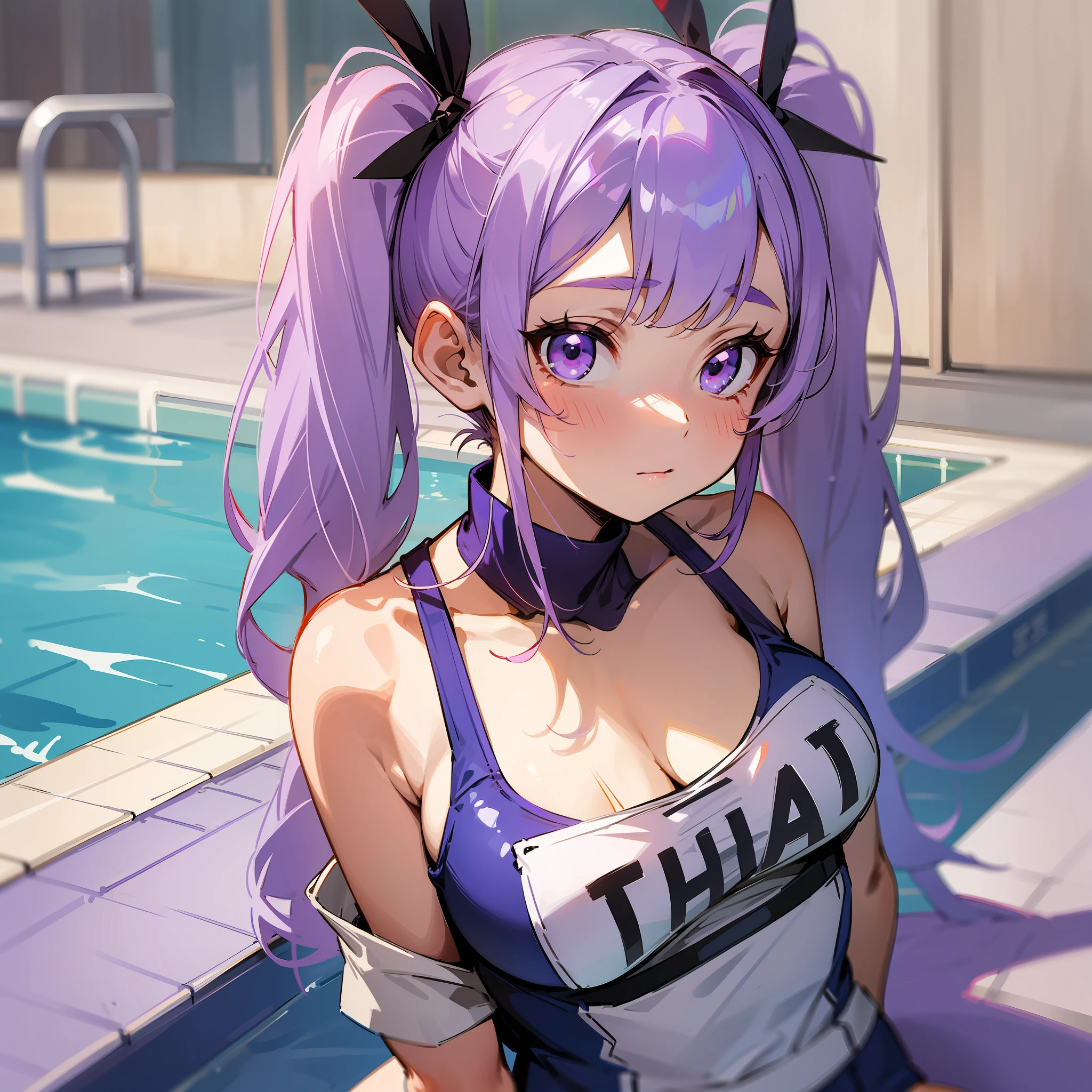 Light purple hair, twin tails again, wearing a navy school swimsuit, "Hina" drawn on the swimsuit, pool background, purple eye color, two red pins on the right bangs