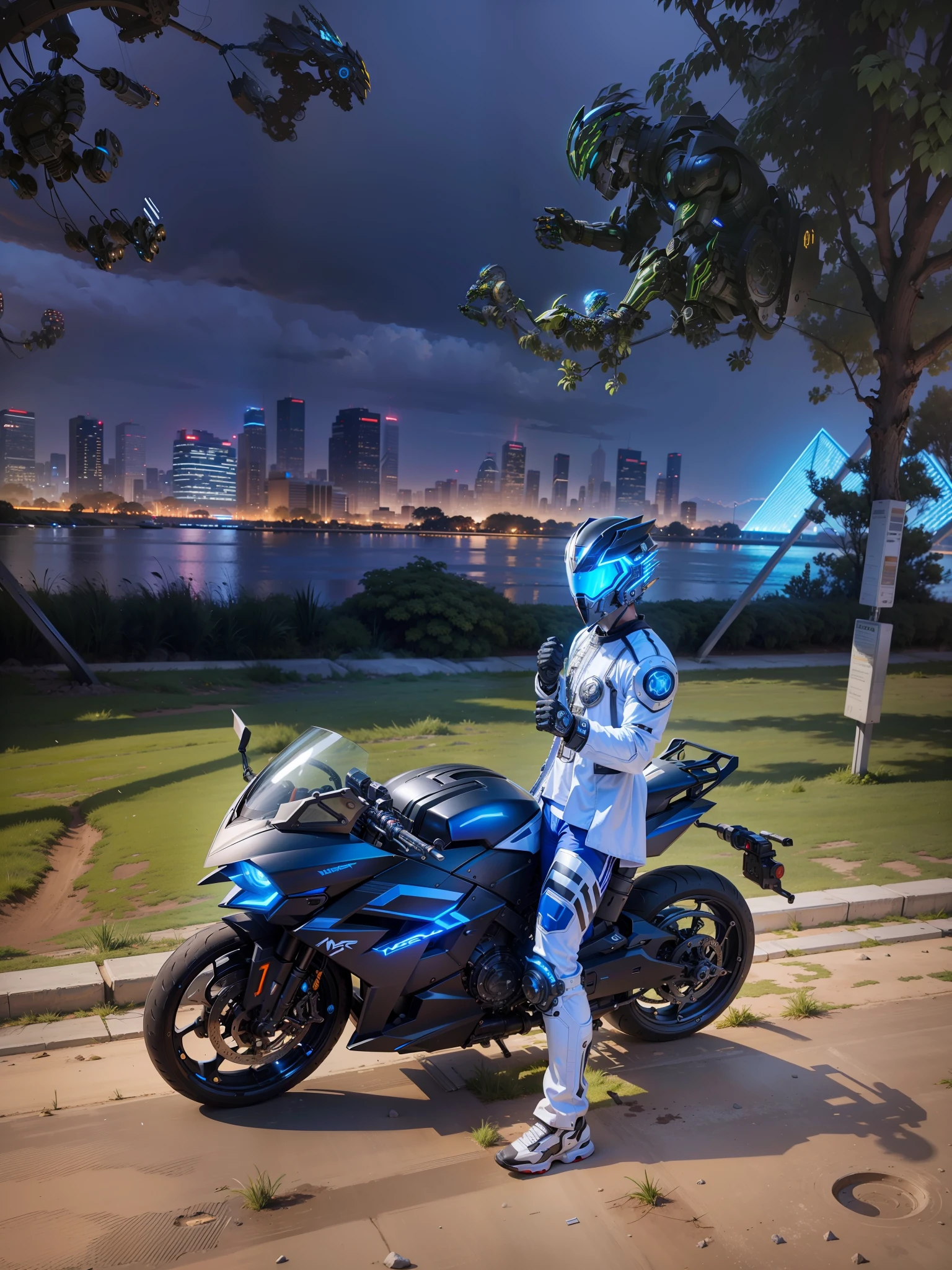 Cyber Male Warrior and Cyber Tech Mechanical Motorcycle, mighty Male Warrior, Nousr, Biomechanics, MSHN Robot Man, Cyber Tech Helmet, Surreal, Steel, Intricate Design, Crazy Details, Fine Details, Extremely Clear Lines, Cinematic Lighting, Photo Realistic, Detailed Masterpiece