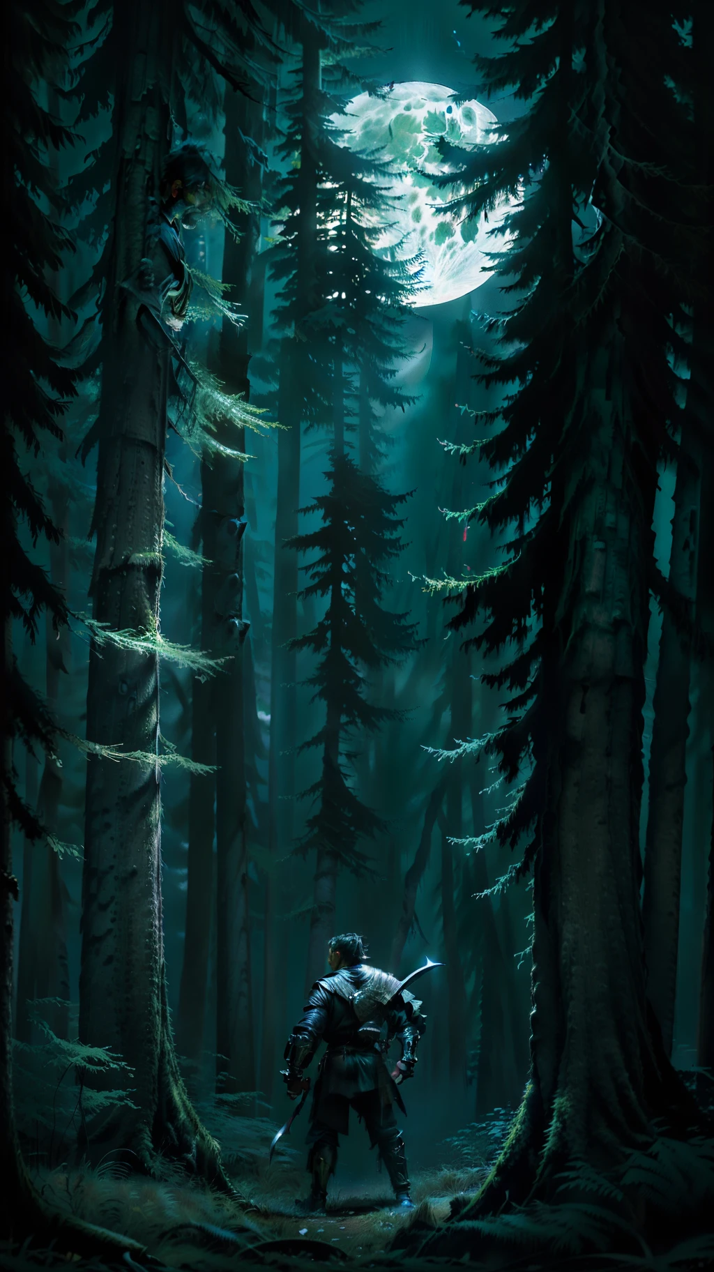 (Photorealistic high resolution image) Night forest hunter, full moon in the background, (dangerous forest scenery, tall trees, sneaky animal watching) "Man hunter of "shield and sword", dressed in warrior clothing. " super detailed, professional photography, HDR, 4K" Strong man holding sword and shield.