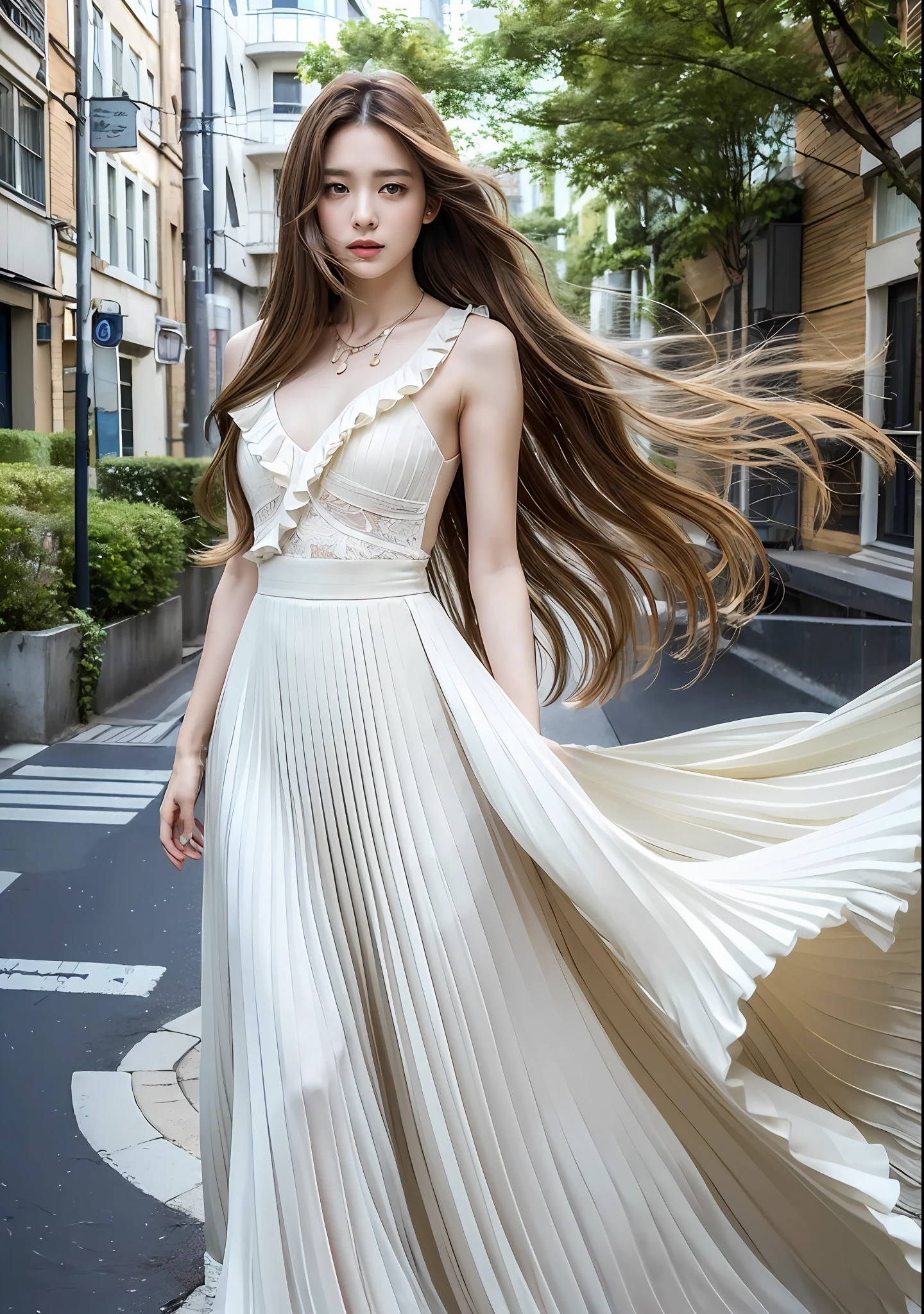 (((top quality, 8k, masterpiece: 1.3)), women (full body portrait, wearing long dresses with white pleats and ruffles), scorching sun, background urban landscape, overhead camera, sharp focus: 1.2, cute women: 1.4, ((brown, long hair, floating hair)), very detailed face and skin and hair texture, wind, curling skirt, small necklace on the neck, Bracelet, ring, detailed eyes, double eyelids, white skin, beautiful legs, beautiful delicate nose, cute young Japan woman, 24 years old, with dynamic angles, featuring calm tones and contrasting mixes of light and shadow, while exuding melancholy emotions, while emphasizing the subject's hair, eyes, mouth and action, it is a composition pleasing to the eye and suggestive.