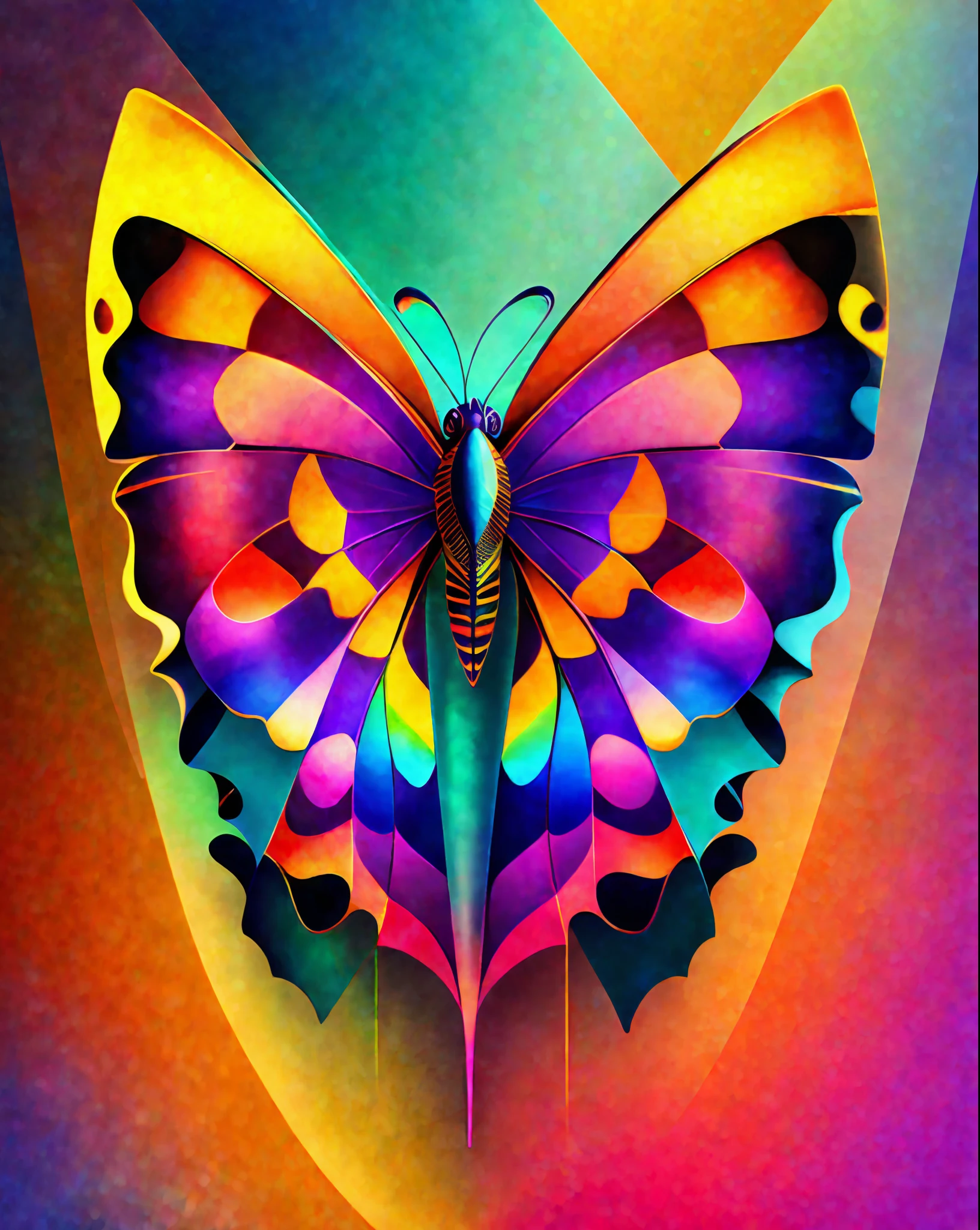 Geometric portreit of a beautiful butterfly,very colorful and realistic,rimlight,geometric pattern,24k hyper realistic colored background