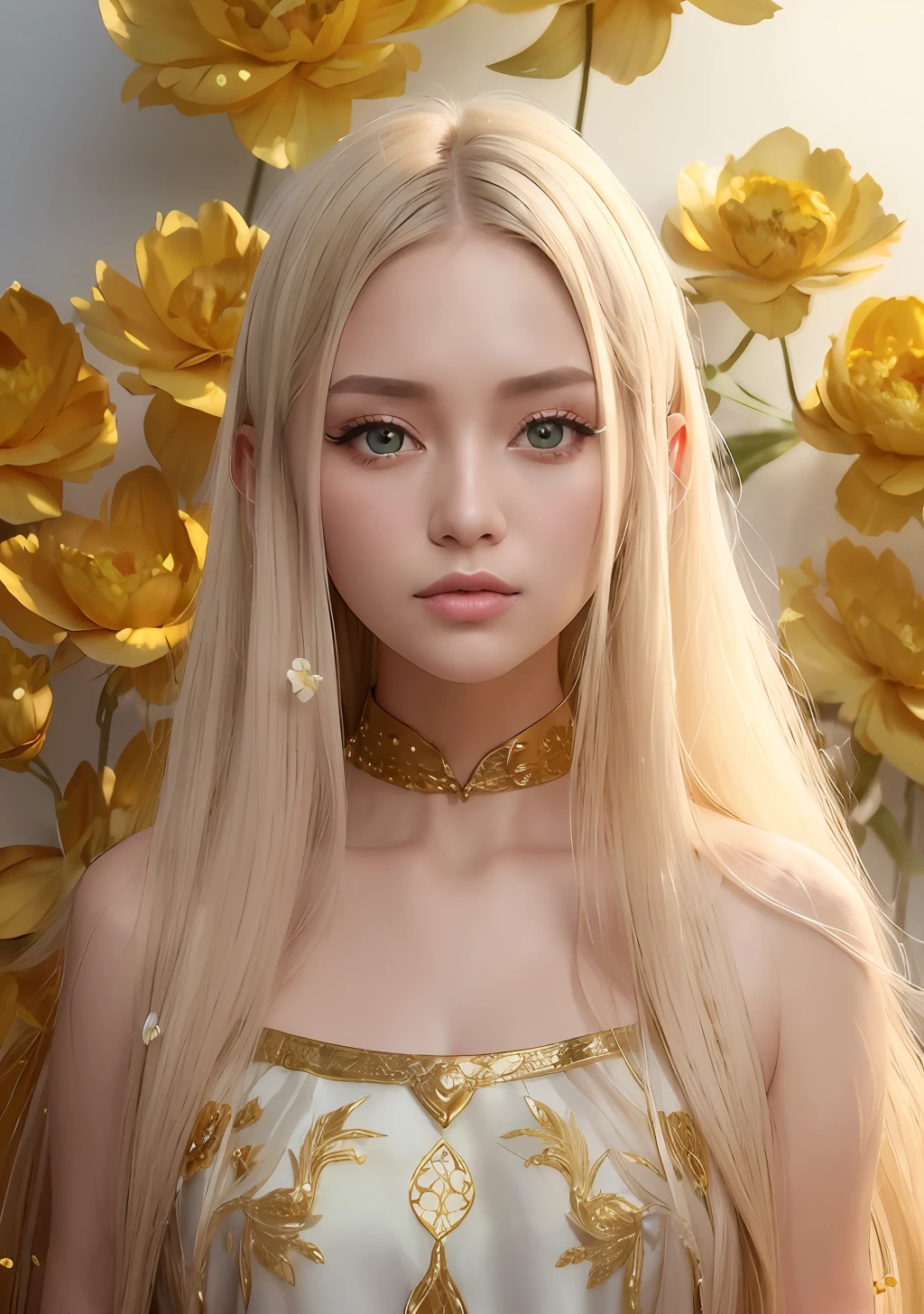 Long white hair, translucent skin, single, beauty, face shadow, face highlight, blonde translucent eyes, drooping big eyes, gradient eyes, (rich colors), (delicate makeup), (small and full mouth), thick and slender eyelashes, light glass lipstick, eye light, sequin eyeshadow, blush, (fluffy hair), delicate face portrayal, film light effects, layers, 18k, master masterpiece, ultimate detail, rich color, (with golden peony flowers on the head), (wearing a skirt made of white silk decorated with golden peony flowers), (golden light sprinkled on her), (background with blooming golden peony flowers and green mountains and green water), peerless beauty, hair delicate description, delicate light and shadow, straight and small nose, eye description, (messy hair), golden ratio facial features, HD, luminescence, 8k resolution, ultra-high resolution, higher quality, everyone show, ancient beauty, golden peony flower, colorful, sunlight, sun