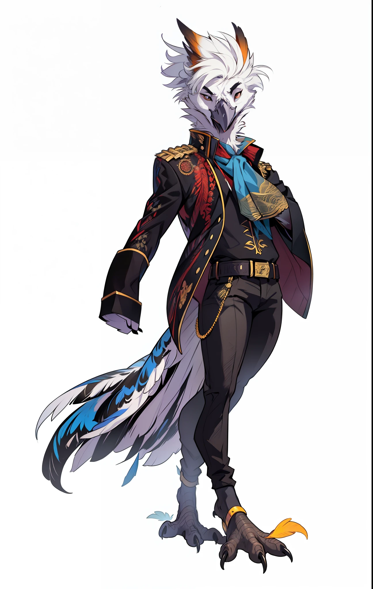 Portrait of an anthro bird with a strong and striking presence, depicting his unique features such as his beak and male form. Full body shot showcasing intricate feather detail and a bold, confident stance.