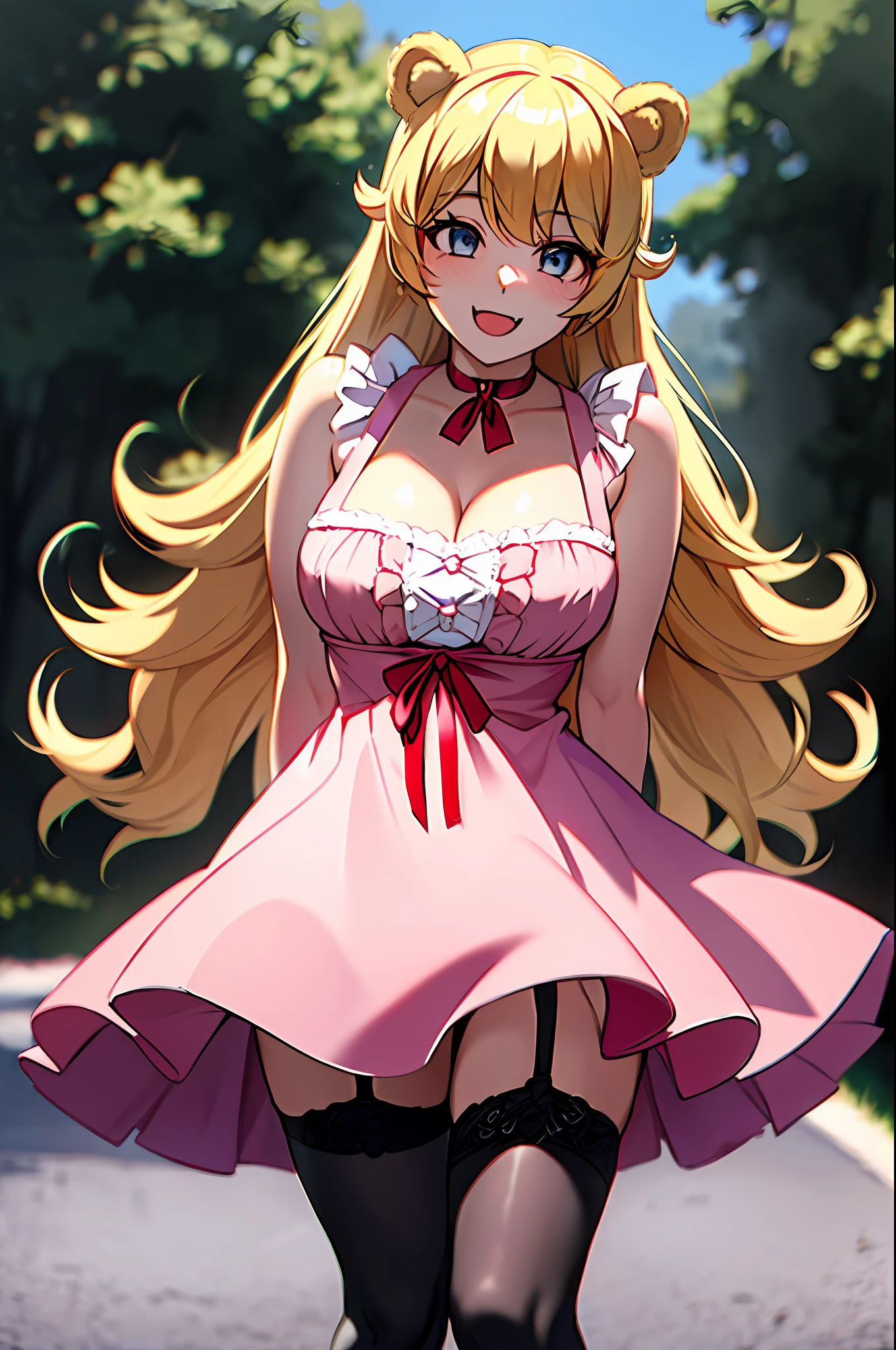 (leaning over:1.4), (masterpiece:1.2, best quality), (real picture, intricate details), 1girl, solo, absurdres, cowboy shot, standing, outdoors, :3, smile, bear girl, bear ears, ((light pink dress)), frills, very detailed dress, white thighhighs, platinum blonde hair, gray blue eyes, long hair, ((red)) strawberry choker, smile, open mouth, one fang, large breasts, cleavage, sleeveless dress, arms behind back,
