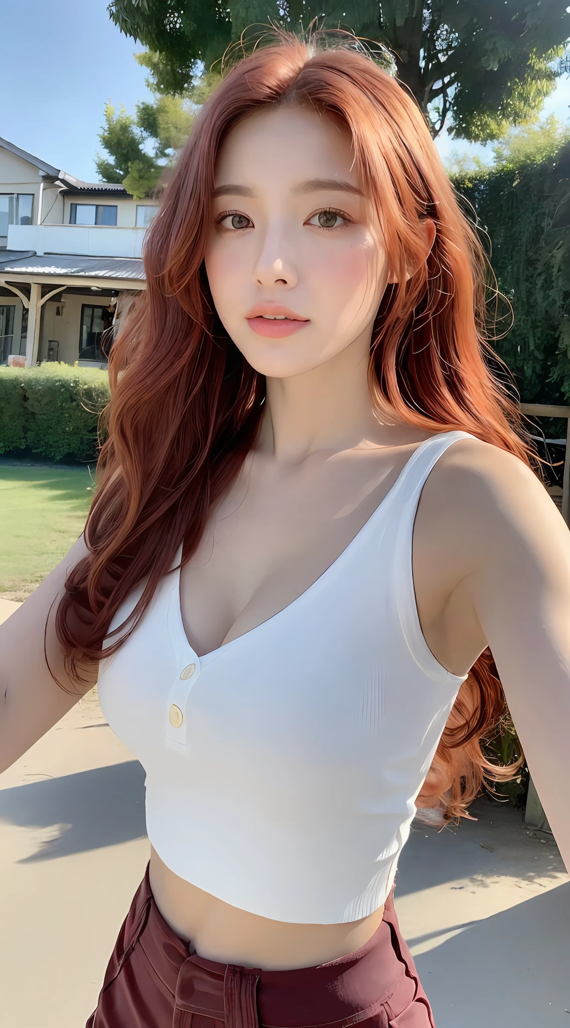 ((Realistic lighting, Best quality, 8K, Masterpiece: 1.3)), Clear focus: 1.2, 1girl, Perfect body beauty: 1.4, Slim abs: 1.1, ((Red hair, Milk: 1.3)), cowgirl pose, (Outdoor, daytime: 1.1), country street, super fine face, fine eyes, double eyelids, curly hair, fair skin