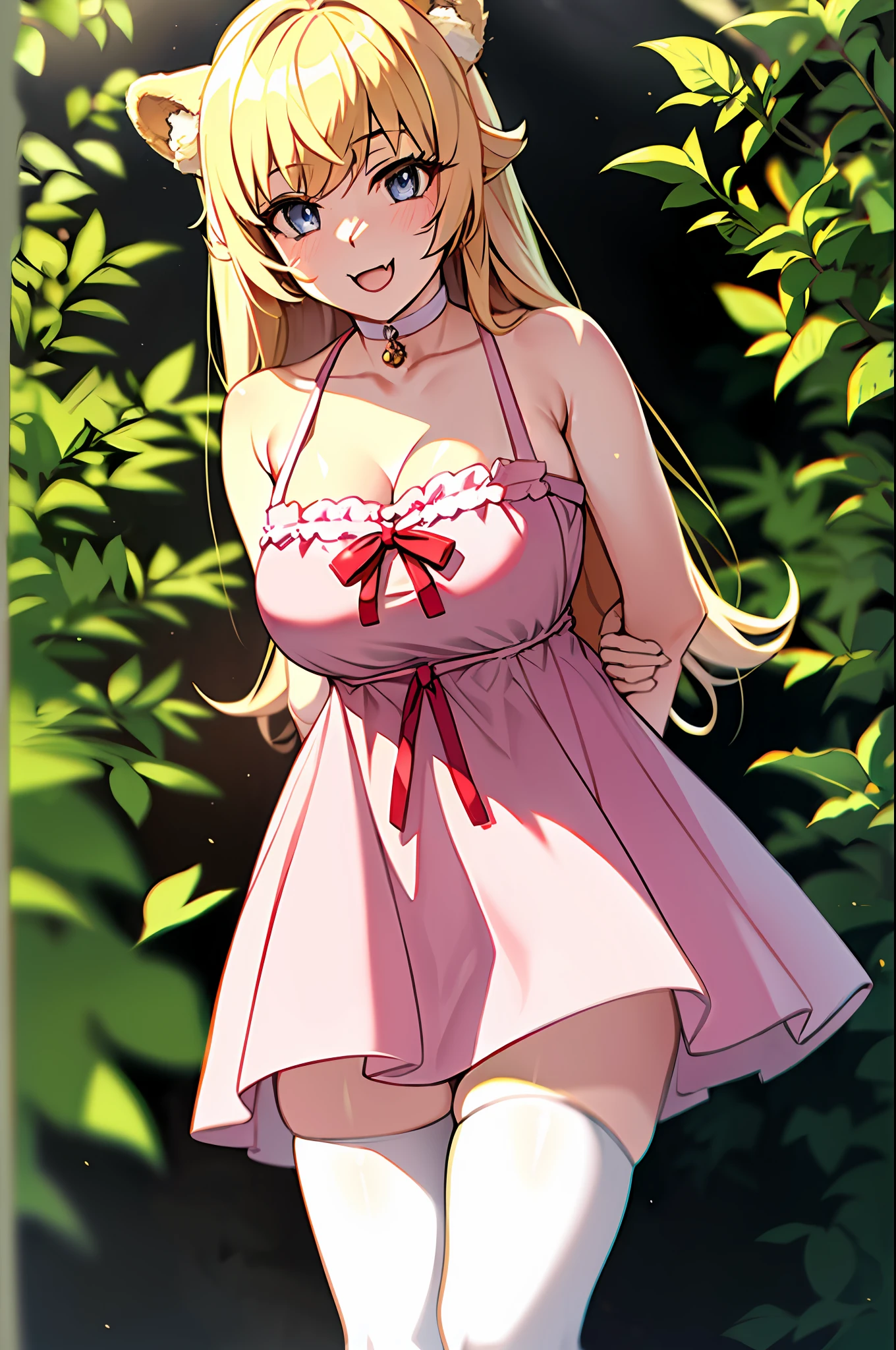 (leaning over:1.4), (masterpiece:1.2, best quality), (real picture, intricate details), 1girl, solo, absurdres, cowboy shot, standing, outdoors, :3, smile, bear girl, bear ears, ((light pink dress)), frills, very detailed dress, white thighhighs, platinum blonde hair, gray blue eyes, long hair, ((red)) strawberry choker, smile, open mouth, one fang, large breasts, cleavage, sleeveless dress, arms behind back,