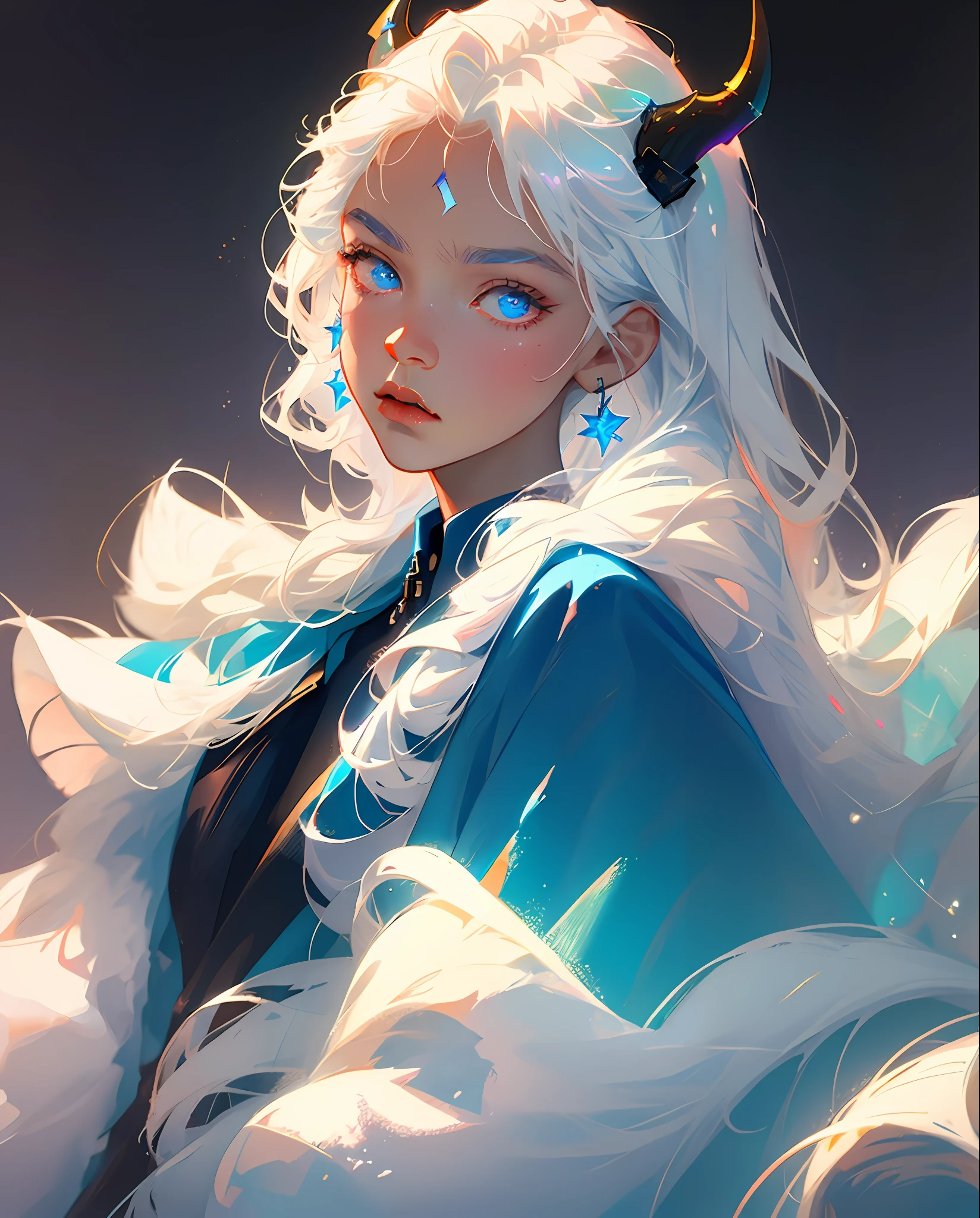 Perfect masterpiece, highest quality, perfect work of art, 8K, illustration, soft pale blue fur, white hair, black pupils, ghost horns, 2 horns, blue eyes, (boy, male, juvenile), bust photograph, gaze at the viewer.