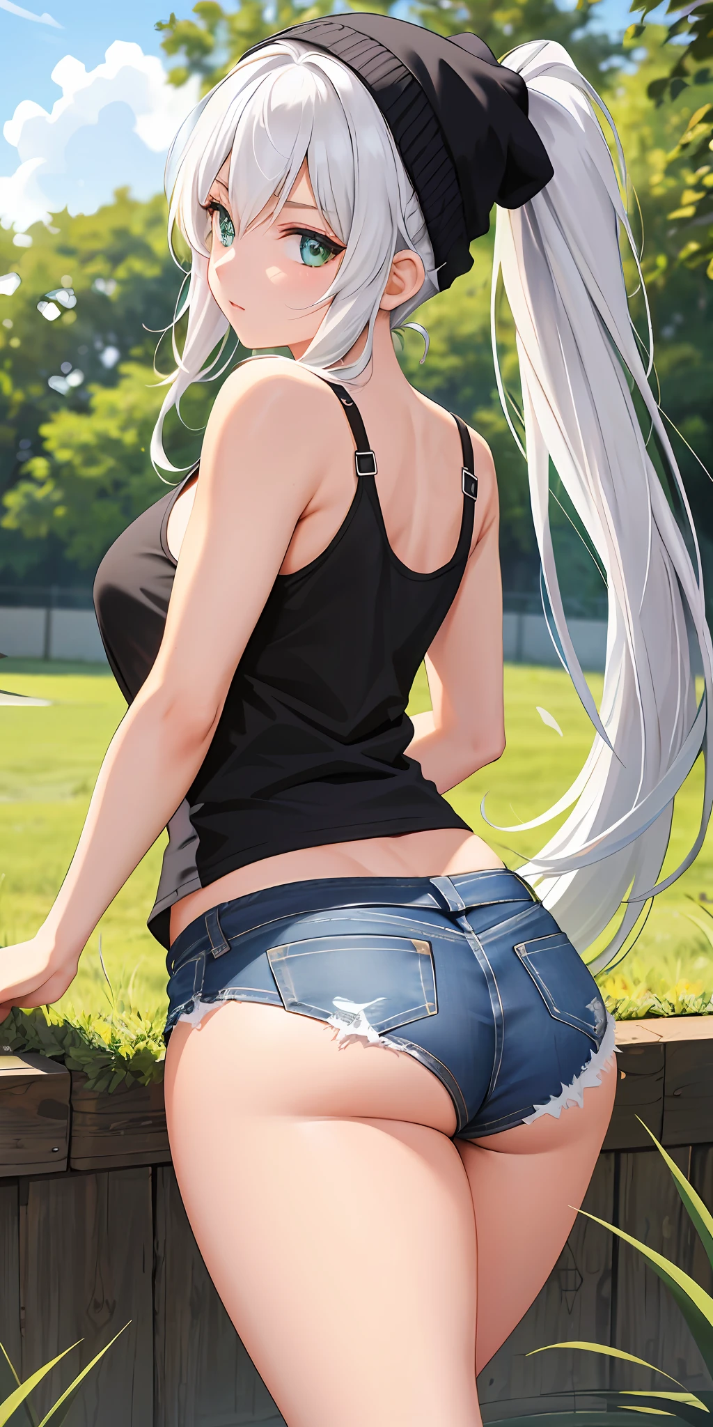 beautiful, (masterpiece: 1.3), (best quality: 1.3), perfect green eyes, perfect face, intricate details, diffuse lighting, 1girl, ass, back, chest on back, beanie, black panties, breasts, white hair, short top, cutoffs, jeans, jeans shorts, facing away, back, cap, high leg, high leg panties, long hair, medium groove, large breasts, microshorts, panties, ponytail, short shorts, shorts, sideboob, sinister bottom, solo, tank top, thighs, thong, underboob, underwear, field, grass, runway, huge ass, wide hips, arms at the side