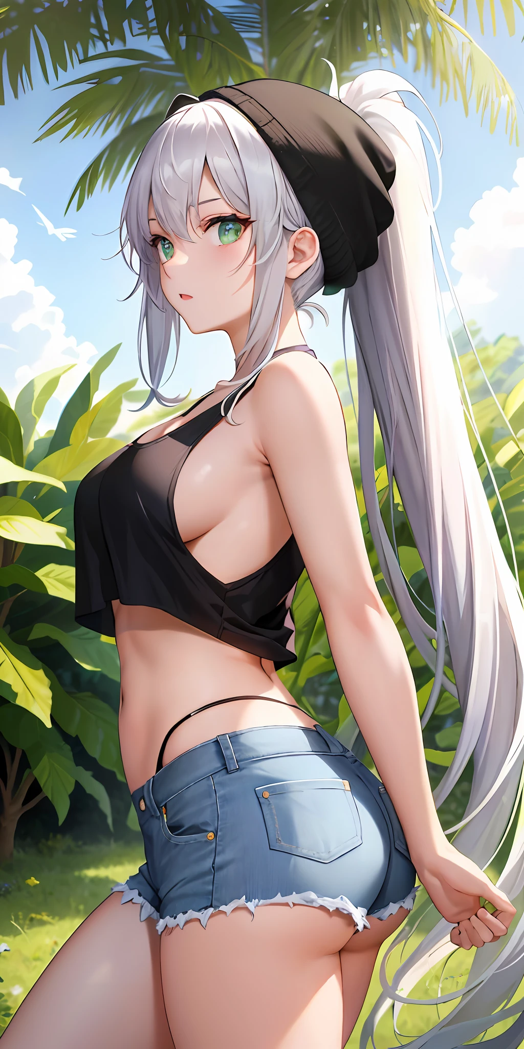 beautiful, (masterpiece: 1.3), (best quality: 1.3), perfect green eyes, perfect face, intricate details, diffuse lighting, 1girl, ass, back, chest on back, beanie, black panties, breasts, white hair, short top, cutoffs, jeans, jeans shorts, facing away, back, cap, high leg, high leg panties, long hair, medium groove, large breasts, microshorts, panties, ponytail, short shorts, shorts, sideboob, sinister bottom, solo, tank top, thighs, thong, underboob, underwear, field, grass, runway, huge ass, wide hips, arms at the side