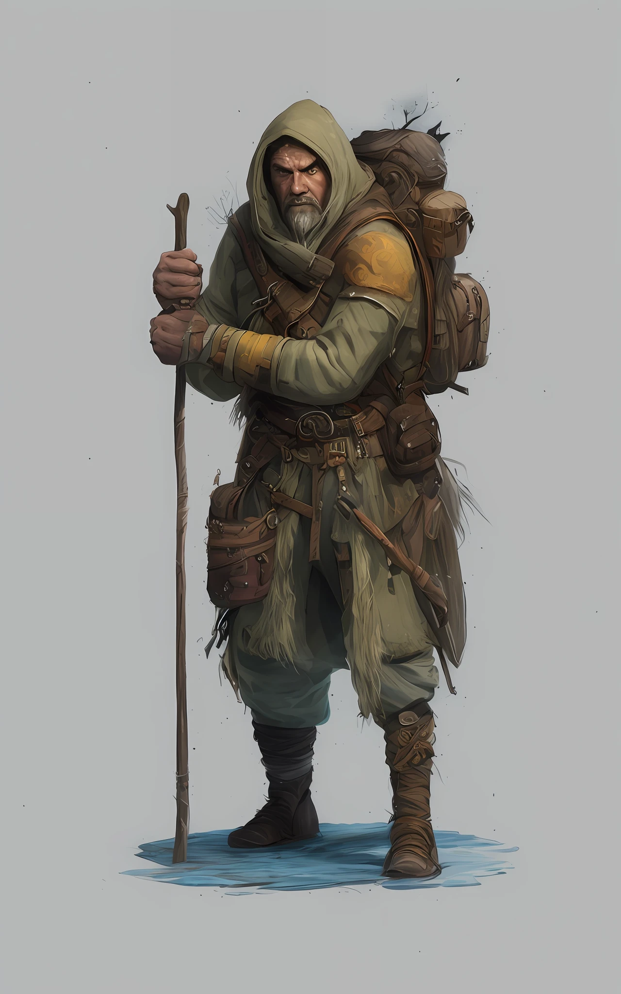 a drawing of a man with a backpack and a stick, inspired by Tuomas Korpi, character design from d & d, portrait of an adventurer, great character design, inspired by Johannes Helgeson, rpg character concept art, inspired by Ásgrímur Jónsson, rpg character art, full body dnd character portrait, rpg concept art character
