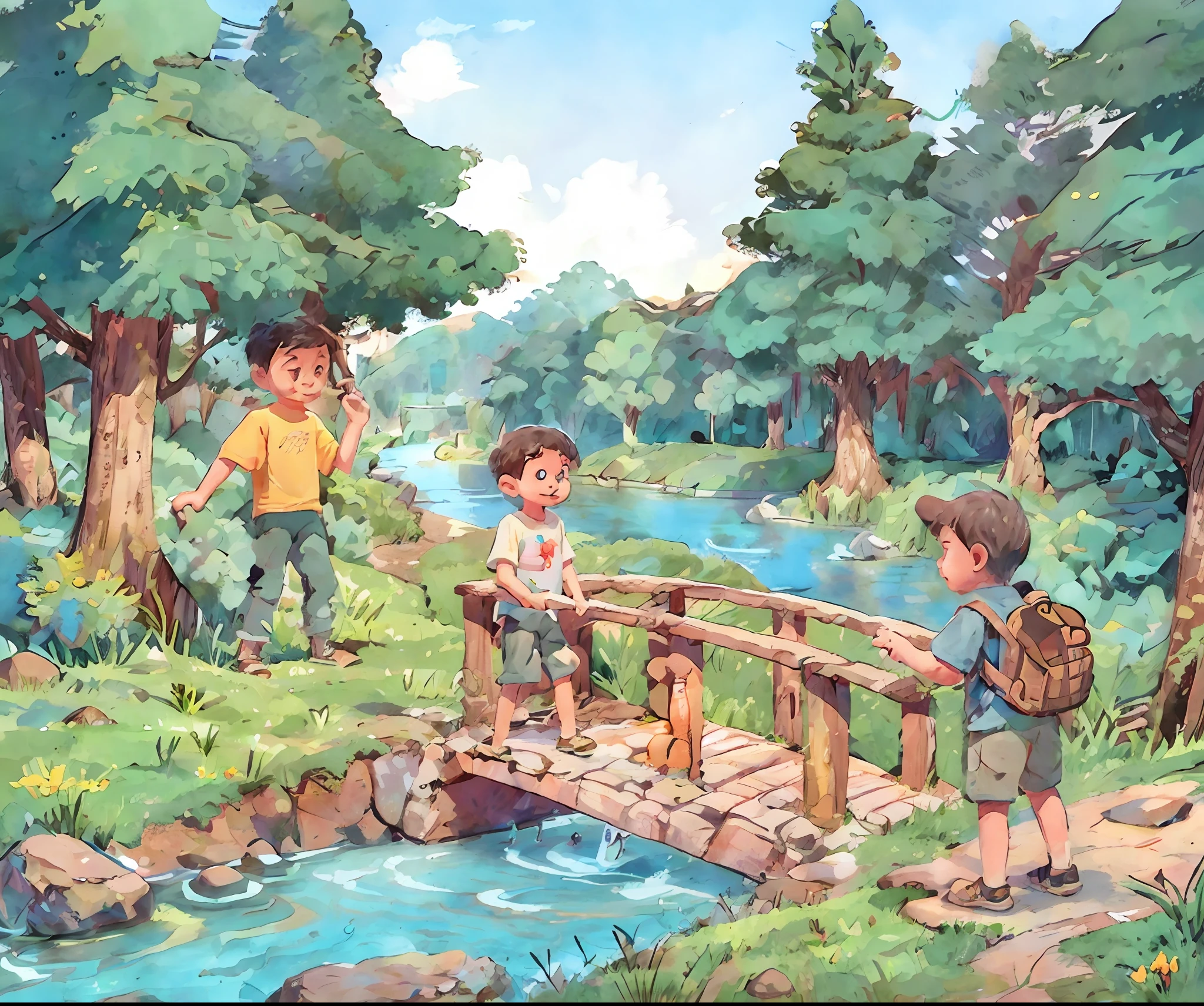 cartoon of a family crossing a bridge over a stream in a forest, official illustration, cartoon style illustration, kids book illustration, game illustration, official fanart, childrenbook illustration, crossing the river, children book illustration, official art, published art, children's book illustration, children’s book illustration, colorful kids book illustration, detailed fanart, background art, childrens book illustration
