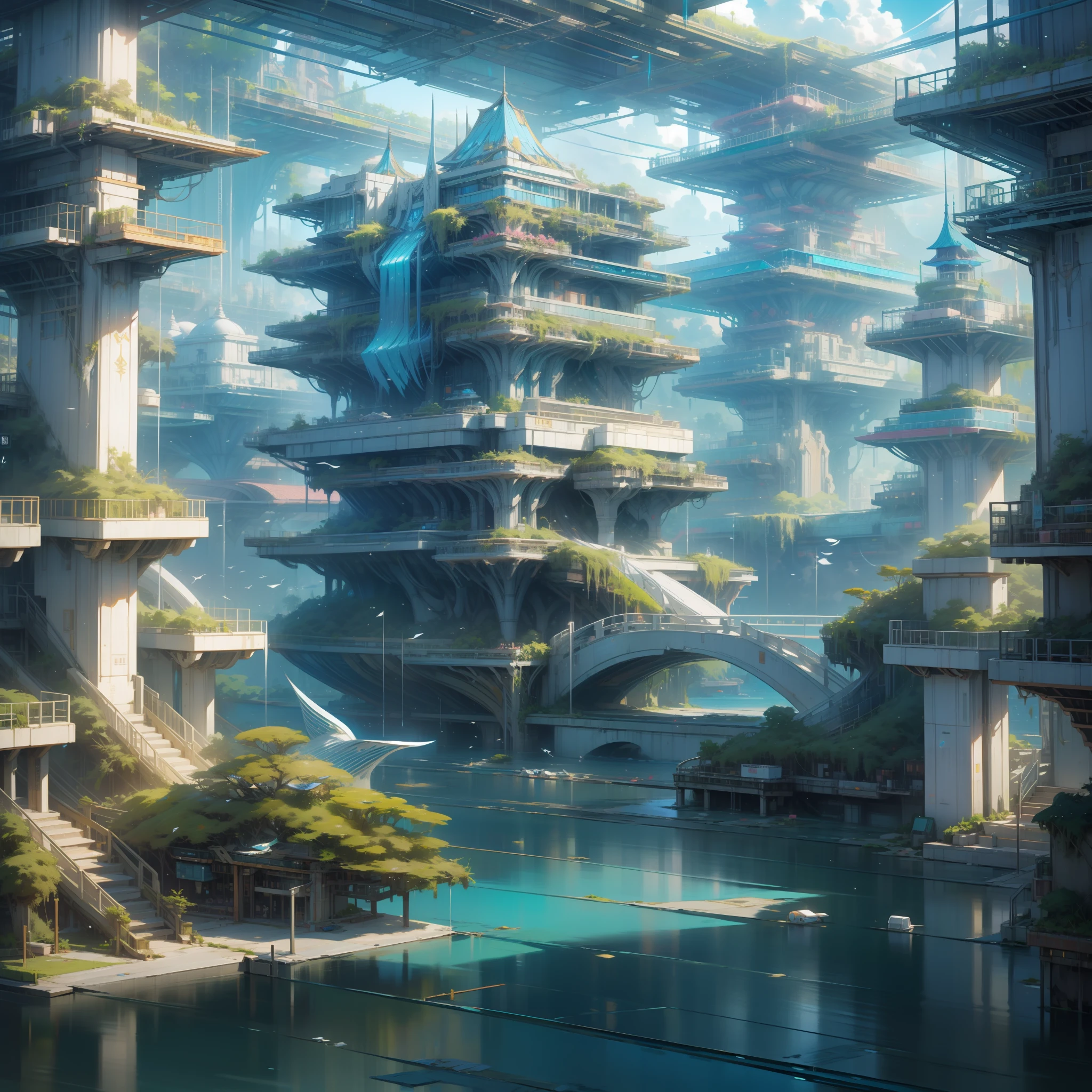Sky, Clouds, holding_weapon, no_humans, Glow, Architecture, Science Fiction, Cities modern futuristic design large underwater city, futuristic underwater cityscape, a artificial waterfall and a pond with colorful flowers in the middle, nature meets underwater architecture, built inside ocean, realistic beehive architecture, organic underwater architecture, Reality very close to real nature, breathtaking render,city with underwater forest , advanced civilization technology,stunning architecture, luxury architecture, realistic fantasy render, by Zha Shibiao, epic and stunning, architectural visualization, epic architecture, concept art. 8 k --auto --v6 --s2