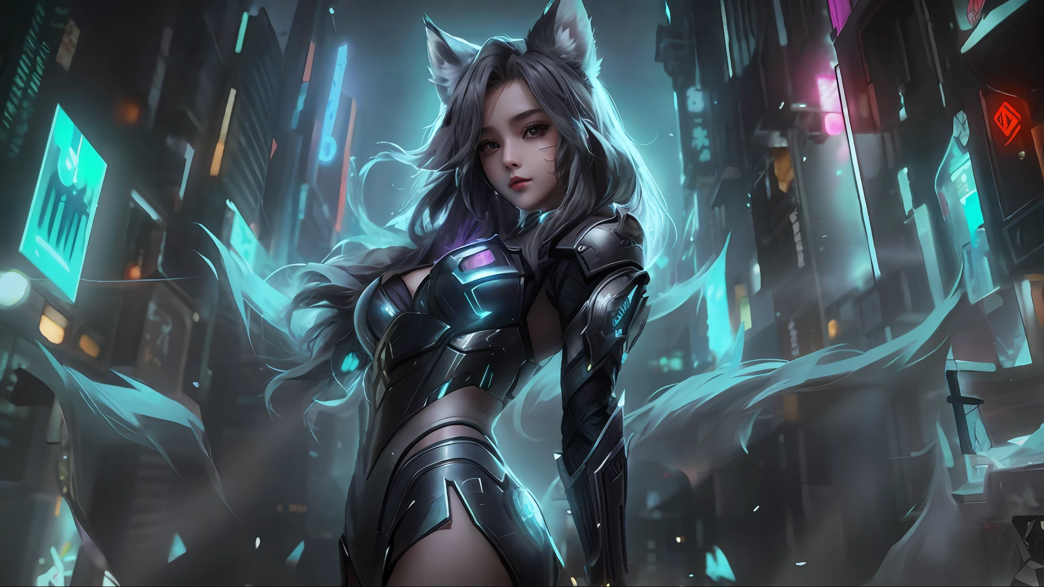 Superb image quality, 8k, masterpiece: 1.3, 1girl, super detailed, inspired by League of Legends' Tanuki, cyberpunk city by night, wearing gray metal armor