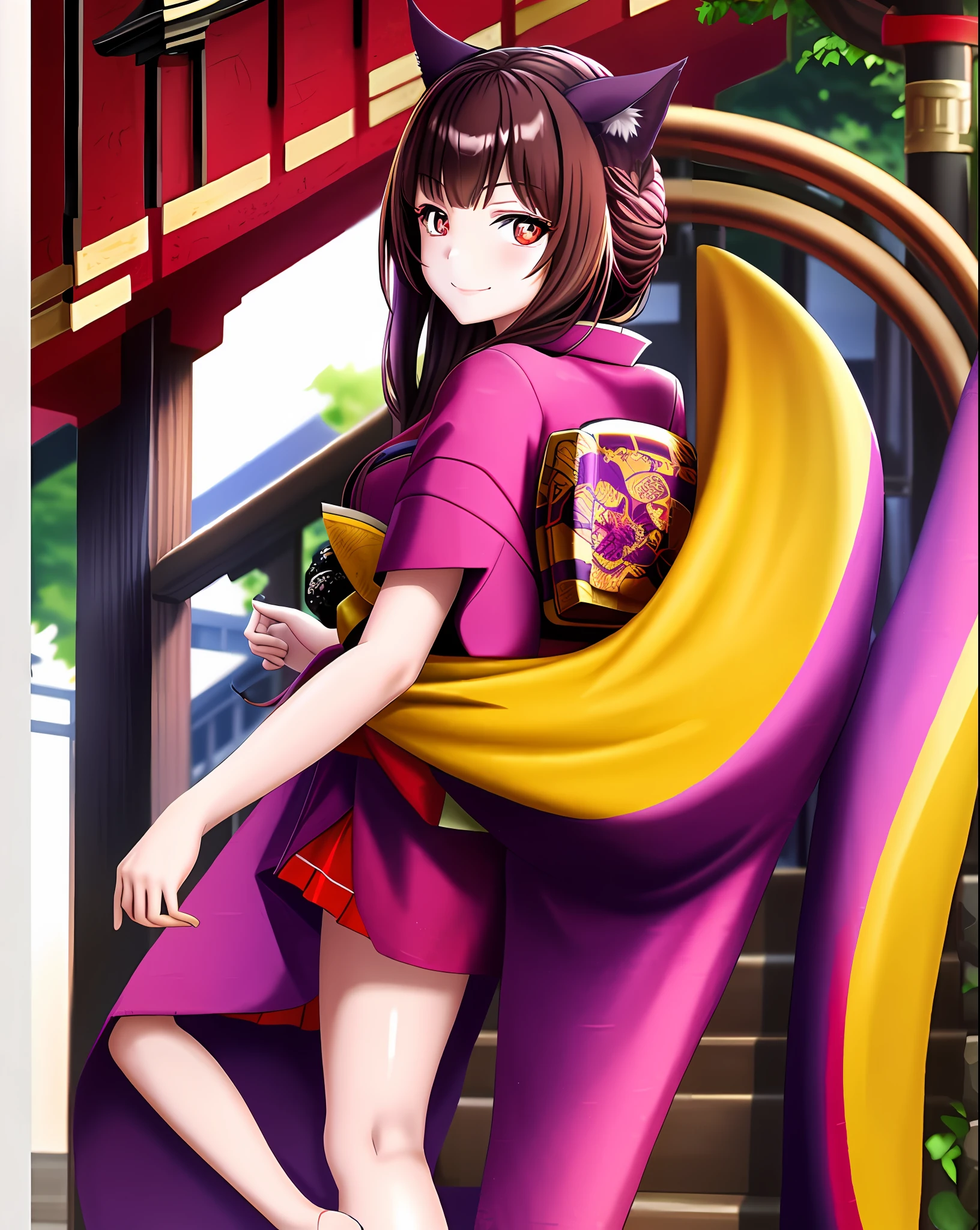 masterpiece, best quality, highly detailed, 1girl, solo, long brown hair, looking at the viewer, smile, japanese clothes, purple fighting dogi, fang out, purple kimono, wolf ears, wolf tail, caramel brown eyes, 18 years old