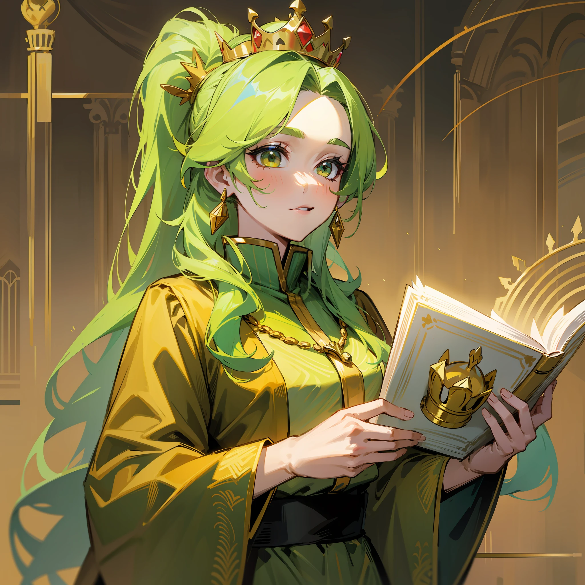 Yellow-green hair, queen, crown on head, red dress, holding golden book, ponytail, 40 year old woman, noble