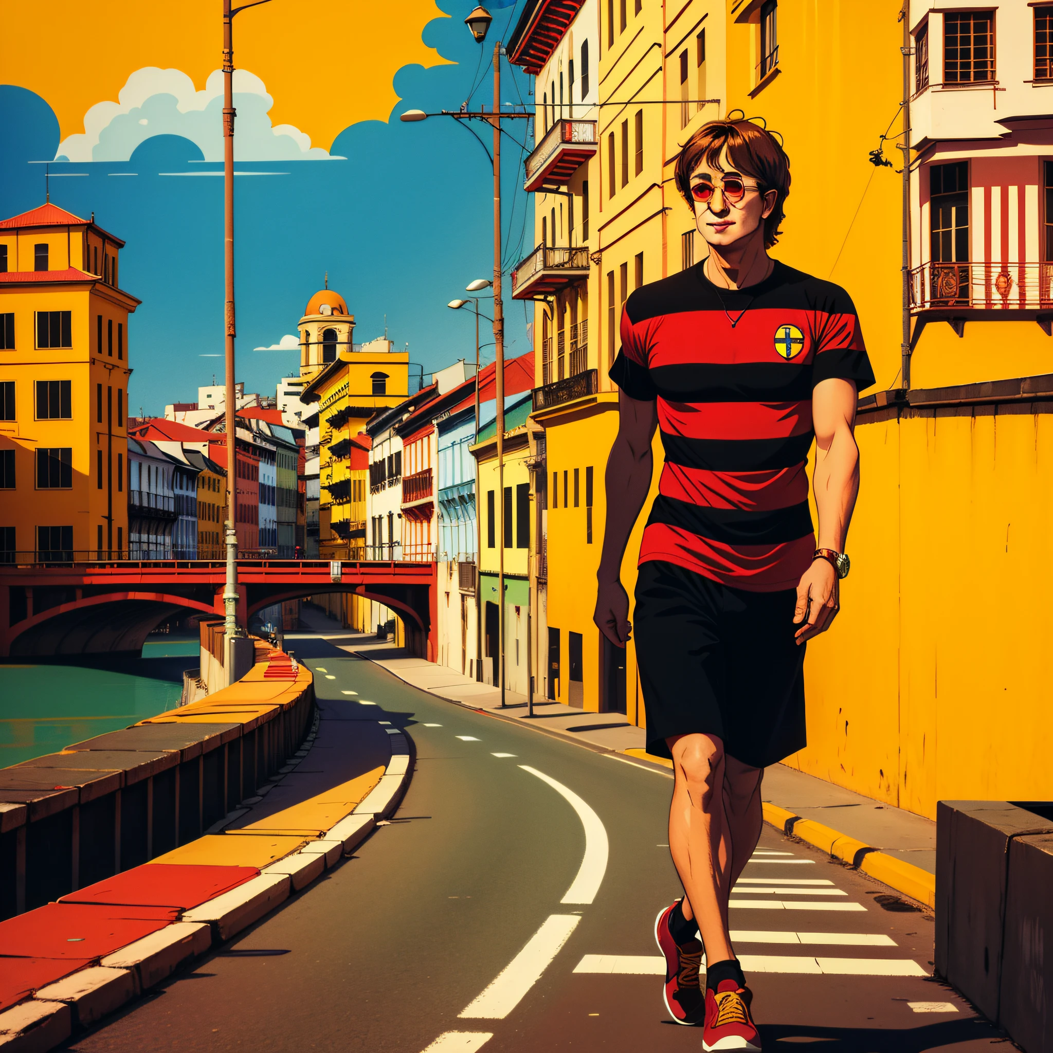 John Lennon wearing a shirt with horizontal stripes in the colors red and black, with number 87 in yellow color, strolling along the bridges of Recife, Pernambuco, Brazil