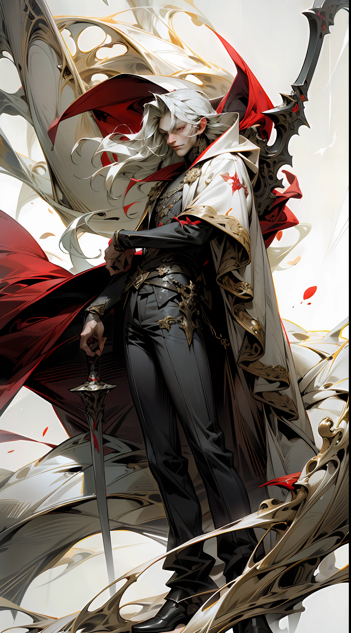 Huge scythe formed by blood, demon hunter, vampire hunter, a handsome handsome man, male, baroque style, red and white robes, silver-white suit, silver-white robe decoration, black long straight hair, red eyes, dynamic, blood floating around, gothic, black soul, devil's cry, vampire, red current, rendering style in reality and super detail, super detail, majestic, creative painting by Katsuhiro Otomo, full body, character design, game character design, personal full body, white background,