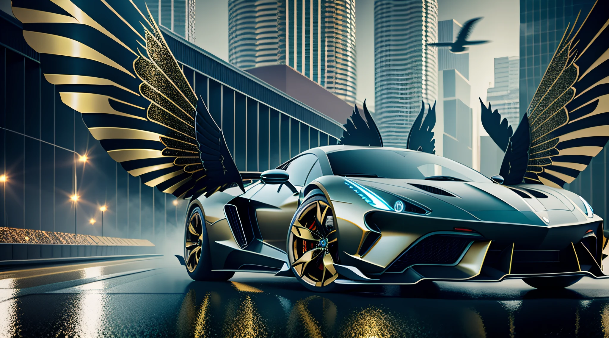 Steampunk style, cool tones, cinematic effects, motion photography, Fujifilm, long exposure, futuristic black and gold supercar, sports car flanked by metallic wings, wings are feathers, wings have mood lights, tail erupting blue flames, ambient lights, surreal sci-fi city in the background, aesthetic, 8K, top painting, concept art, epic composition, with HD details, metallic texture and tension composition, hyperrealism, ultra-realistic, rich in detail, 3D