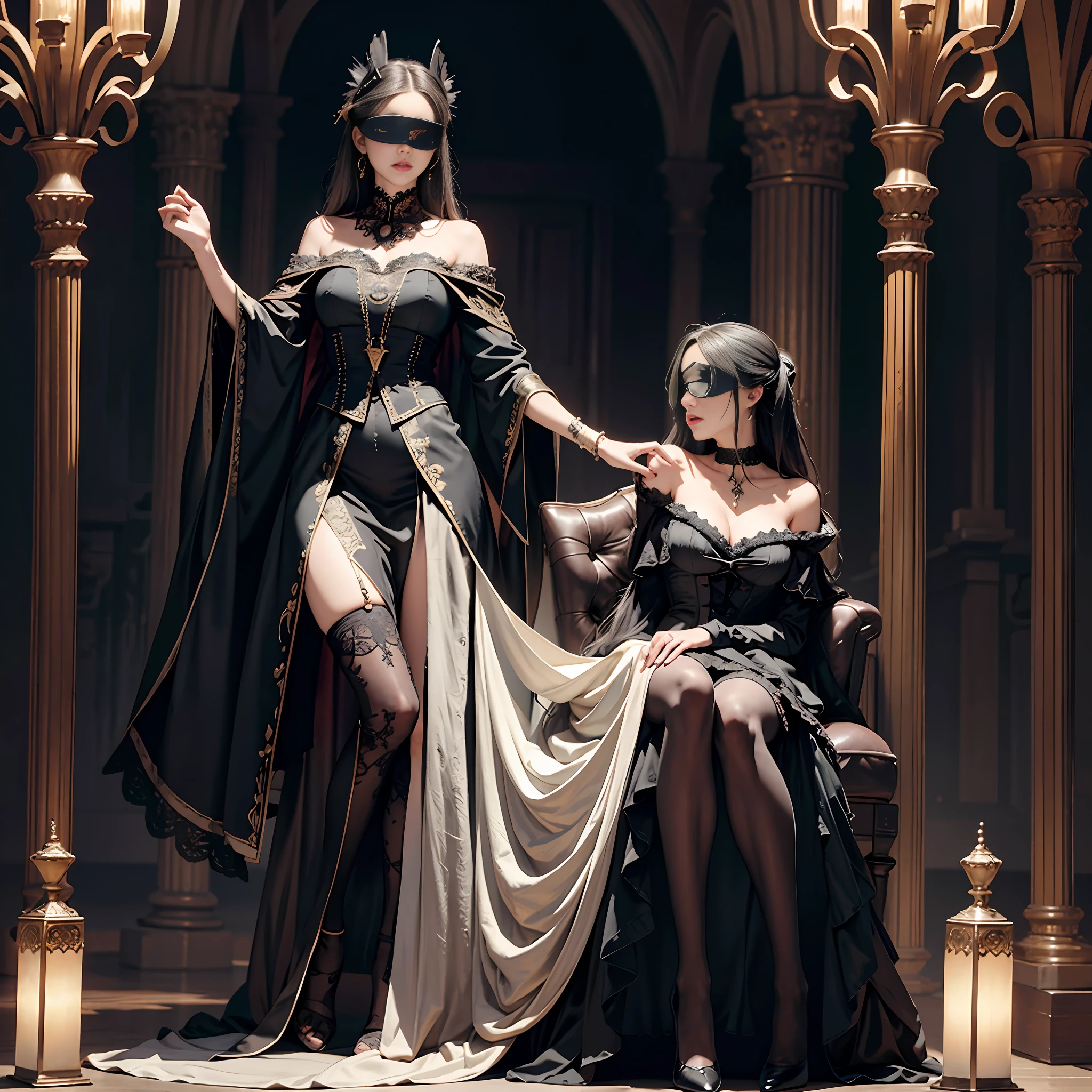 Official Art, Unity 8k wallpaper, super detailed, beautiful, beautiful, masterpiece, best quality, super detailed texture, asymmetrical aesthetics,
dark, epic, atmospheric, mysterious, taboo, art, victorian, decoration, intricate, silverwork, supernatural, costume design, lace embellishment,
1 girl, blindfolded, upright, black stockings, elegant manners, conservative clothing, sexy, full body composition