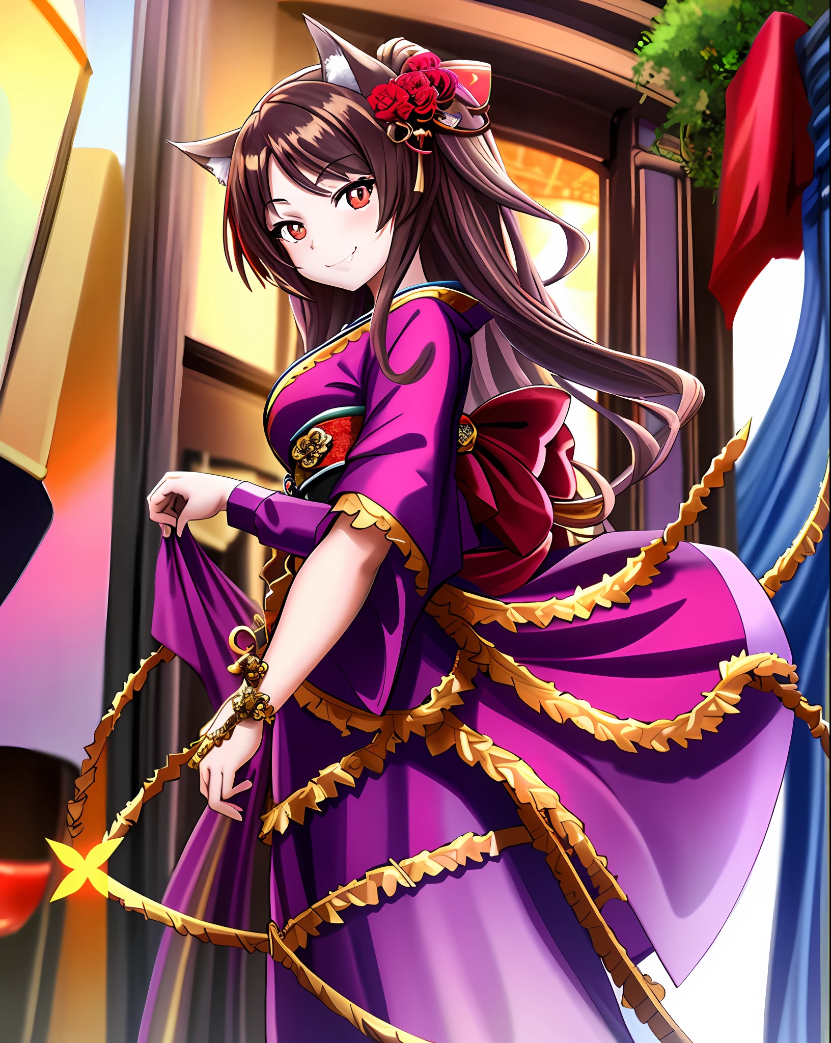 masterpiece, best quality, highly detailed, 1girl, solo, long brown hair, looking at the viewer, smile, japanese clothes, purple fighting dogi, fang out, purple kimono, wolf ears, wolf tail, caramel brown eyes, 18 years old