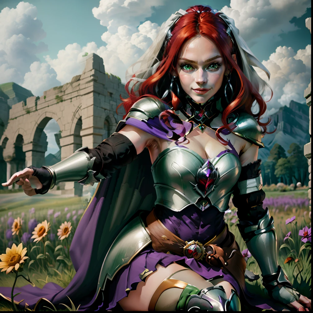 bitch medium breasts, white cape, armor, purple skirt, silver boots, red hair, beautiful face, green eyes, smile, (masterpiece:1.2), best quality, absurdres, highres, extremely detailed wallpaper, perfect lighting, outdoors, grass, field,