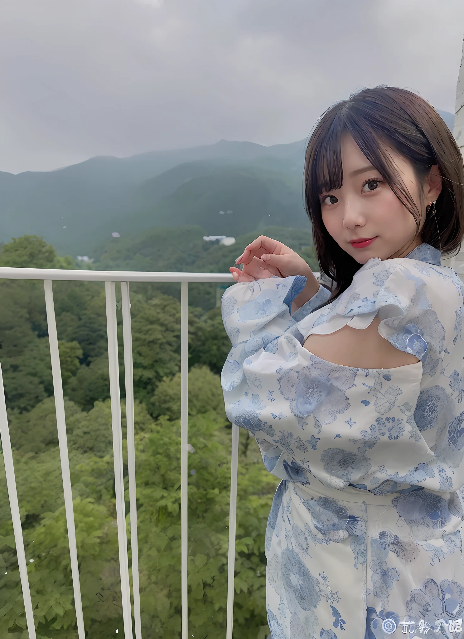 araffe woman in a blue and white dress standing on a balcony, 奈良美智, shiori teshirogi, shikamimi, in kimono, chiho, rin, 中 元 节, kimi takemura, kotegawa yui, harumi, mayuri shiina