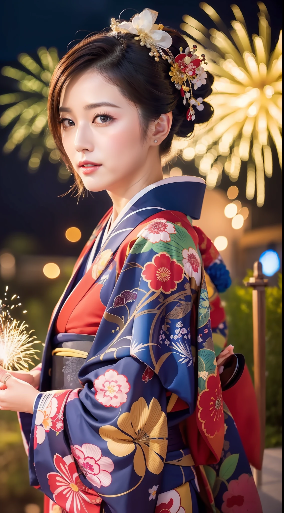 Masterpiece, (Photorealistic: 1.4), top quality, kimono, woman, 30 years old, fireworks