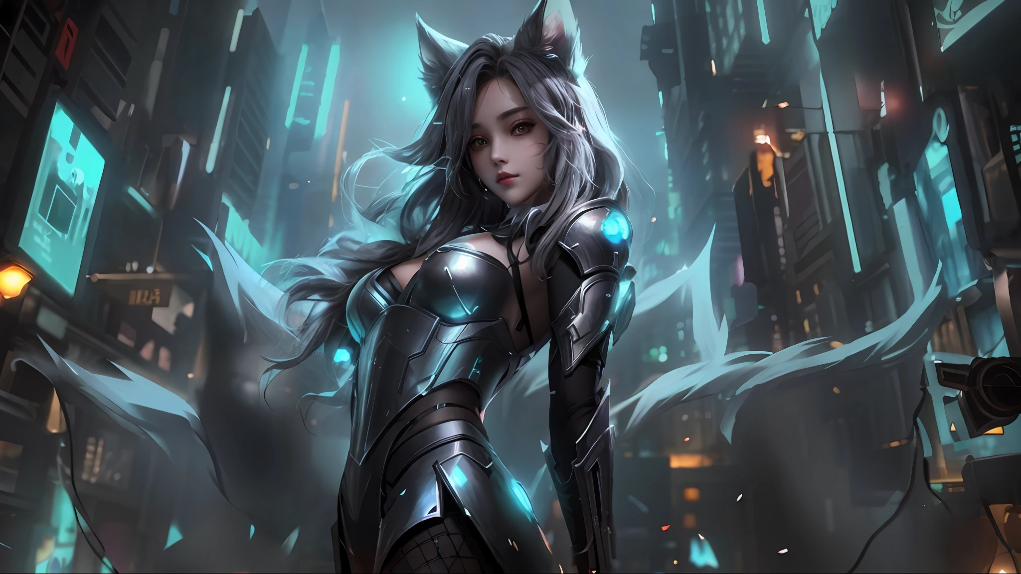 Superb image quality, 8k, masterpiece: 1.3, 1girl, super detailed, inspired by League of Legends' Tanuki, cyberpunk city by night, wearing gray metal armor