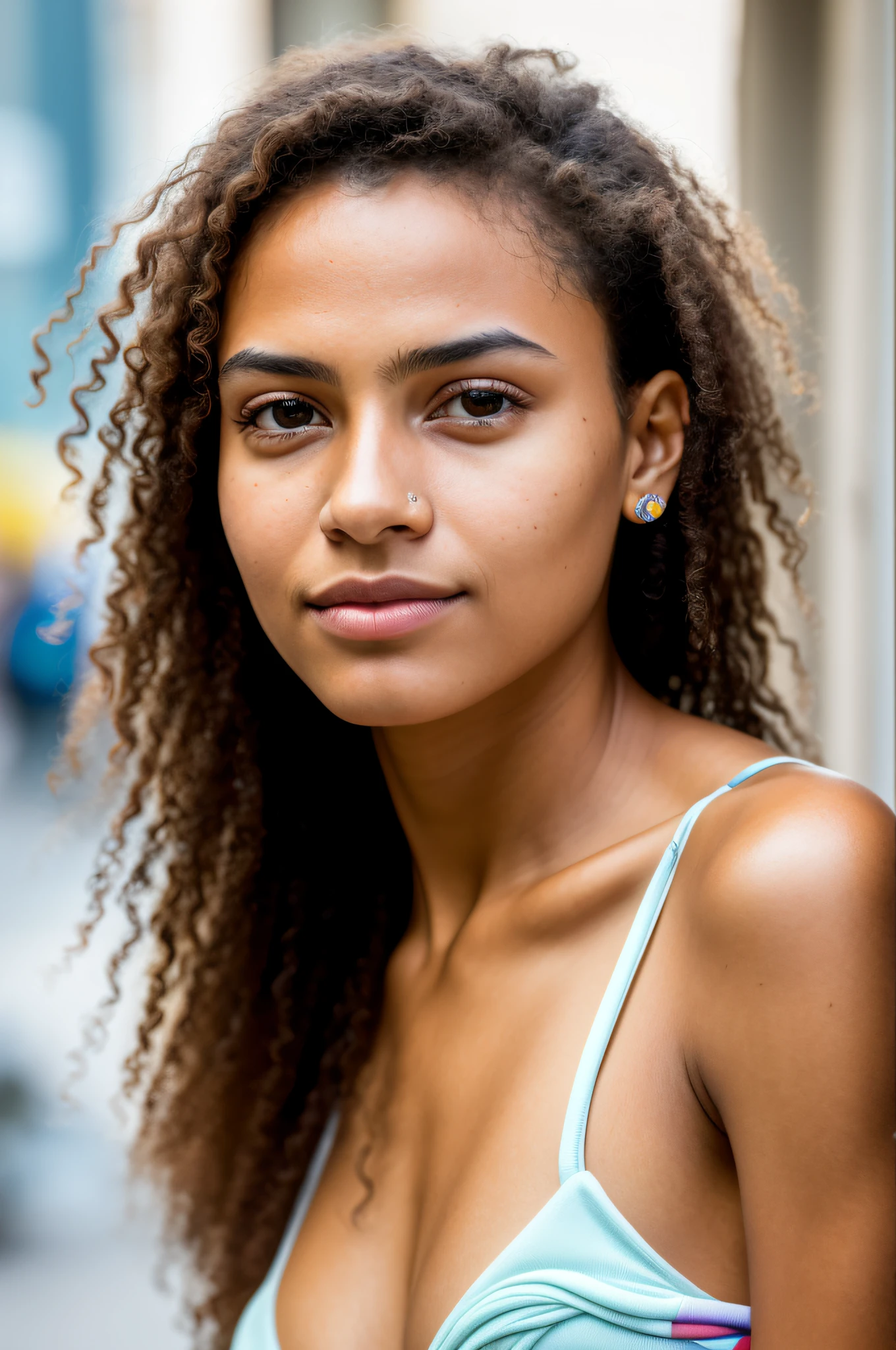 Masterpiece, best quality, highres, detailed, style, wide, UHD 8K, DSLR, Fujifilm XT3, vibrant, candid, dramatic, skin texture, film grain, natural light, (close-up young Brazilian woman face looking at the camera)