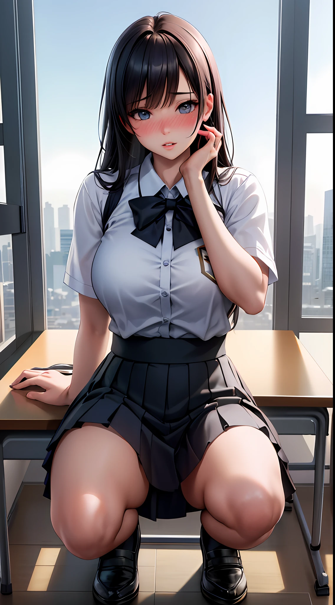(masterpiece)),((best quality)),absurdres, 1girl, 1boy, squatting cowgirl position, pov, school uniform, (classroom:1.1), sunlight, (half-closed eyes:0.4), (parted lips:1.4), (nose blush:1.2), light smile, Cinematic, Hyper-detailed, insane details, Beautifully color graded, Unreal Engine, DOF, Super-Resolution, Megapixel, Cinematic Lightning, Anti-Aliasing, FKAA, TXAA, RTX, SSAO, Post Processing, Post Production, Tone Mapping, CGI, VFX, SFX, Insanely detailed and intricate, Hyper maximalist, Hyper realistic, Volumetric, Photorealistic, ultra photoreal, ultra-detailed, intricate details, 8K, Super detailed, Full color, Volumetric lightning, HDR, Realistic, Unreal Engine, 16K, Sharp focus, octane render --v testp