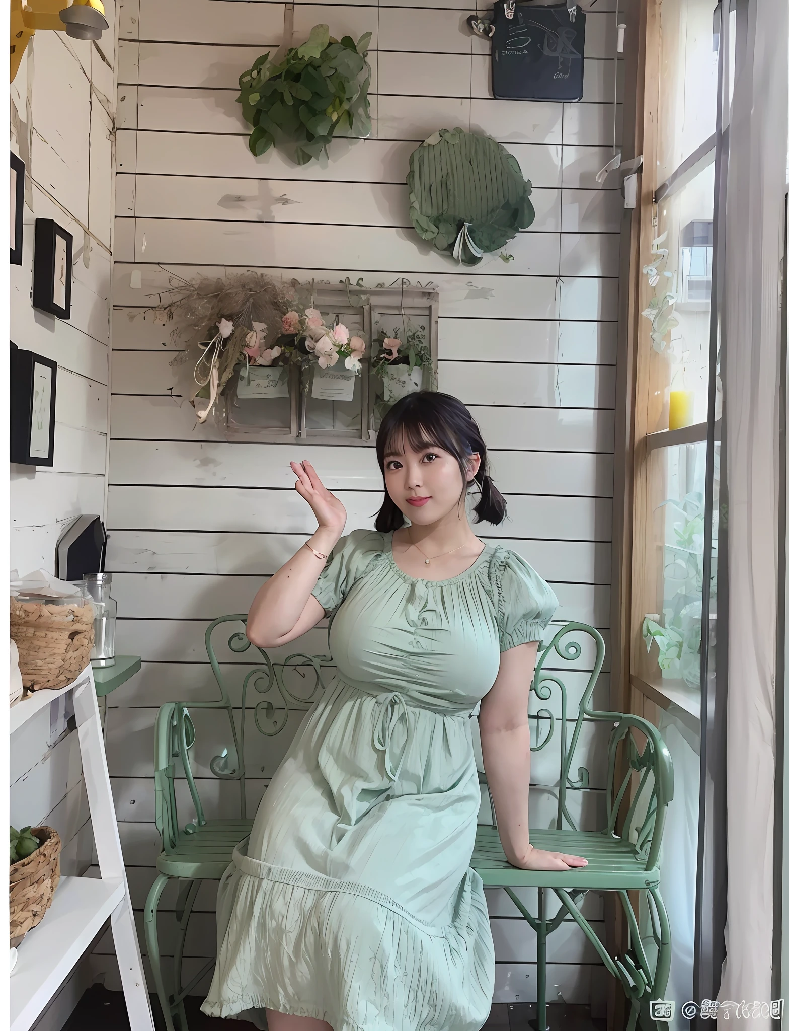 there is a woman standing in a room with a green chair, pastel green, 8k)), cottagecore!! fitness body, sakimichan, chiho, shikamimi, bbwchan, cottagecore!!, 🎀 🧟 🍓 🧚, green dress, 👰 🏇 ❌ 🍃, sakimichan hdri