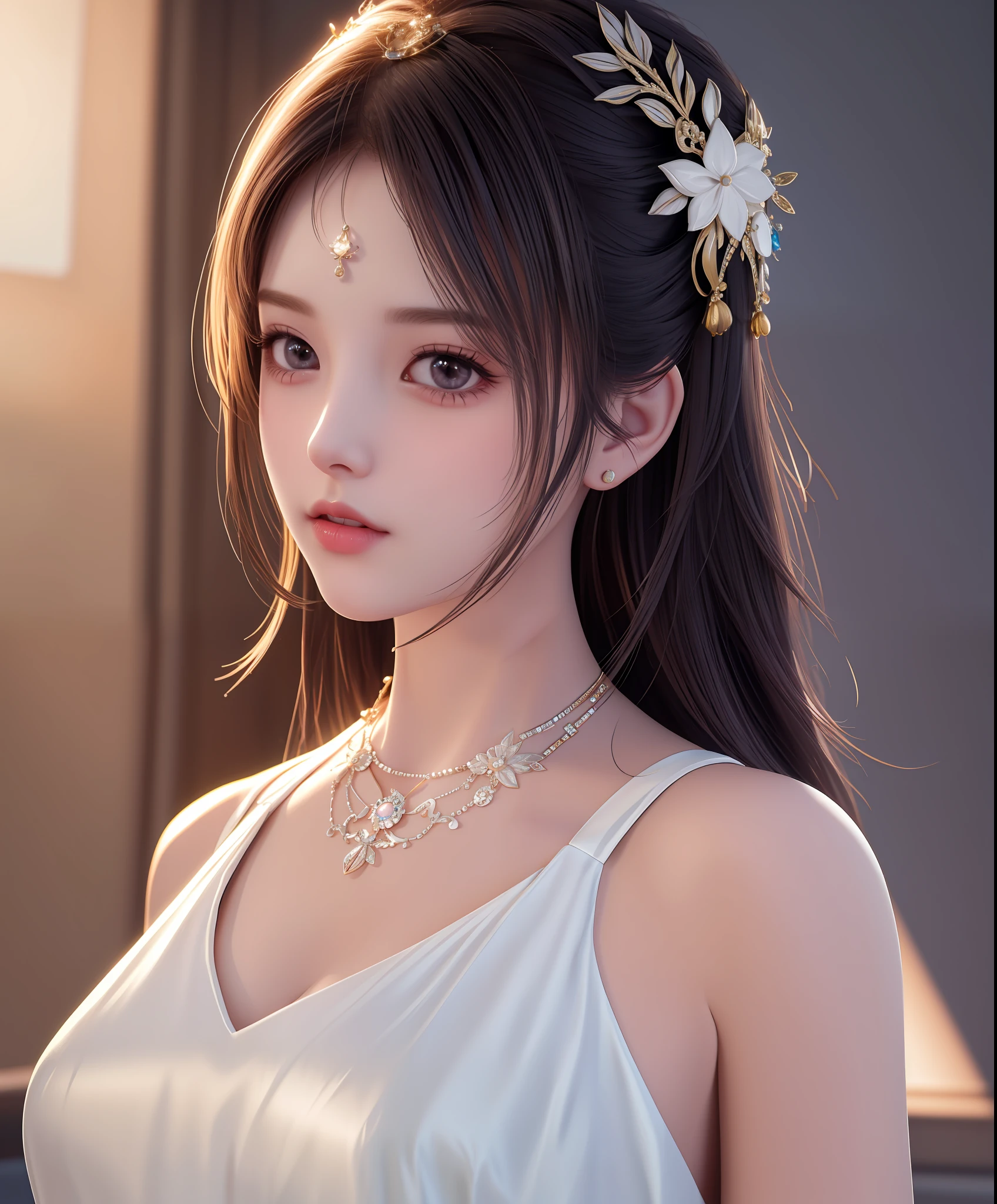 Best quality, masterpiece, high resolution, 1girl, porcelain dress, hair accessories, necklace, jewelry, beautiful face, on the body, Tyndall effect, realistic, dark studio, edge lighting, two-tone lighting, (high detail skin: 1.2), 8k UHD, dslr, soft light, high quality, volumetric light, candid, photo, high resolution, 4k, 8k, background blur,