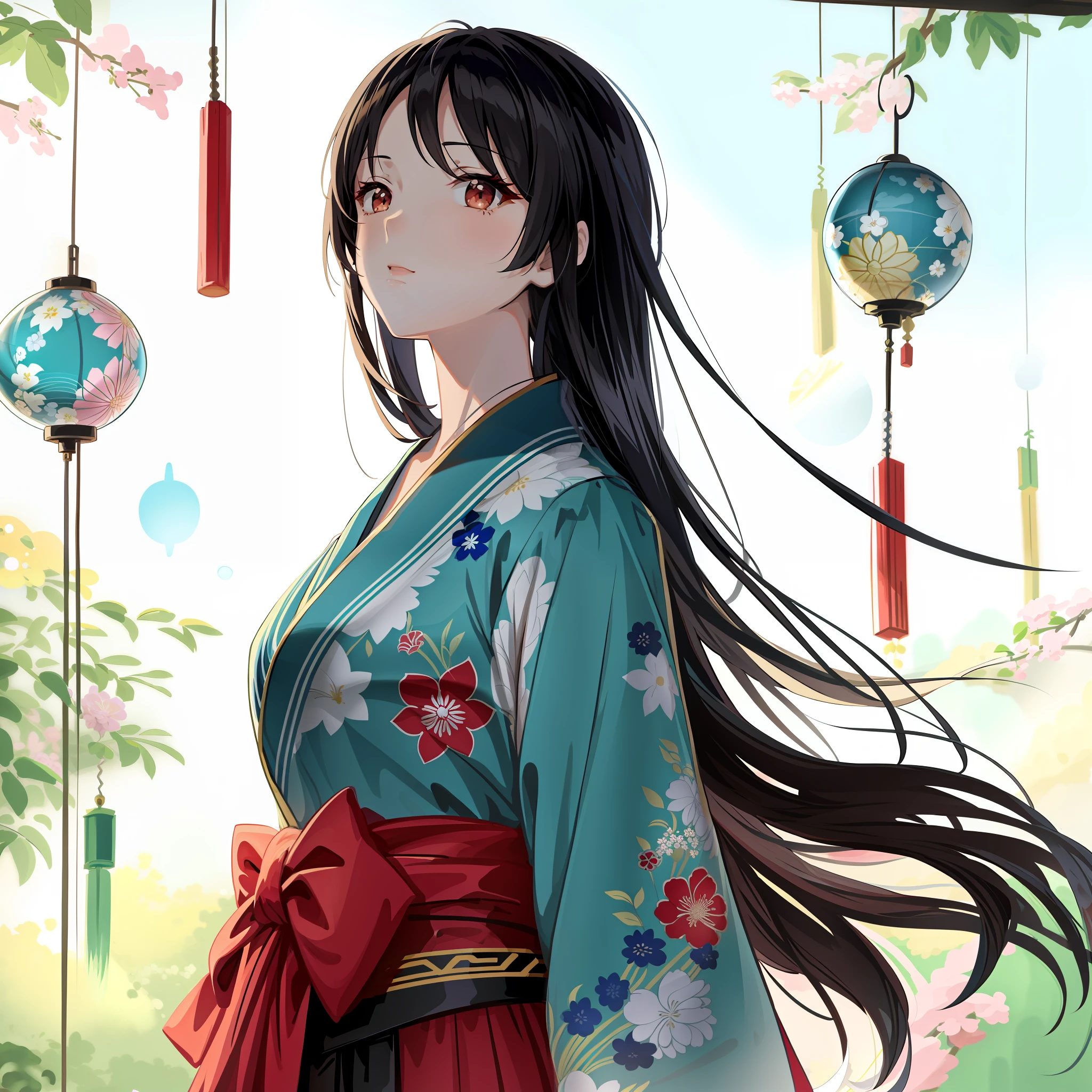 Anime girl in kimono against oriental wind chimes, palace, Japanese style girl, beautiful anime portrait, beautiful anime girl, kimono, anime girl with long hair, beautiful anime woman, long robe with flowing hair, kimono, anime style 4K, beautiful anime style, (anime girl), beautiful anime, drawn in anime painter studio