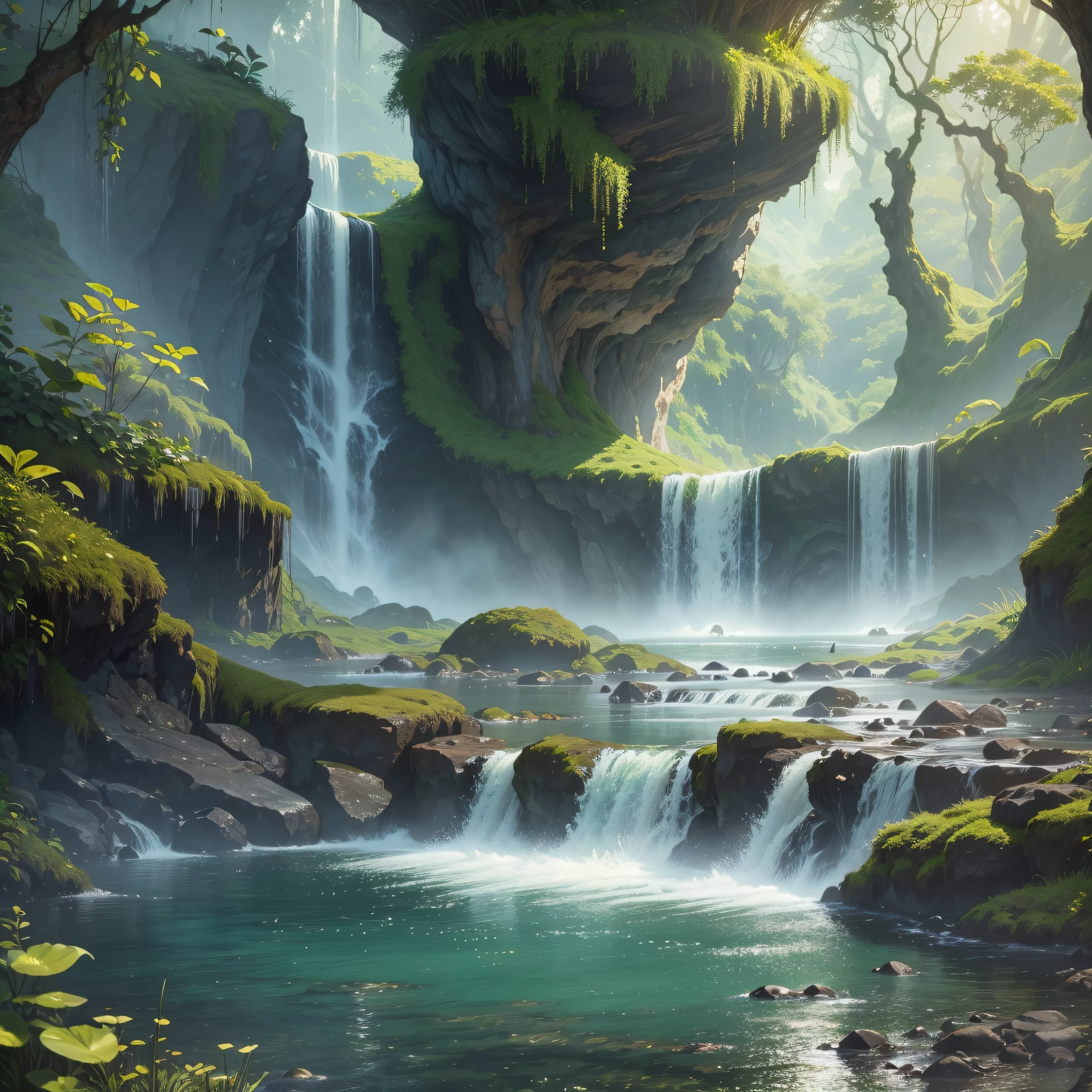 In the waterfall by the sea, the small droplets seem to reorganize into a natural mystery under the sun, 8K HD, mysterious and abstract green atmosphere brings out the unbridled beauty of nature. --auto --s2