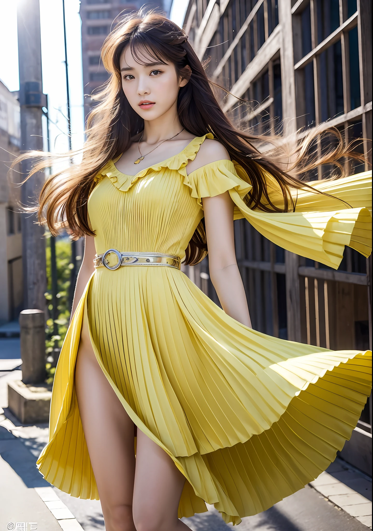 ((top quality, 8k, masterpiece: 1.3)), women (full body portrait, wearing long dresses with light yellow pleats and ruffles), scorching sun, background urban landscape, overhead camera, sharp focus: 1.2, cute women: 1.4, ((brown, long, floating)), very detailed face and skin and hair texture, wind, curling skirt, small necklace on the neck, Bracelet, ring, detailed eyes, double eyelids, white skin, beautiful legs, beautiful delicate nose, cute young Japan woman, 24 years old, with dynamic angles, featuring calm tones and contrasting mixes of light and shadow, while exuding melancholy emotions, while emphasizing the subject's hair, eyes, mouth and action, it is a composition pleasing to the eye and suggestive.