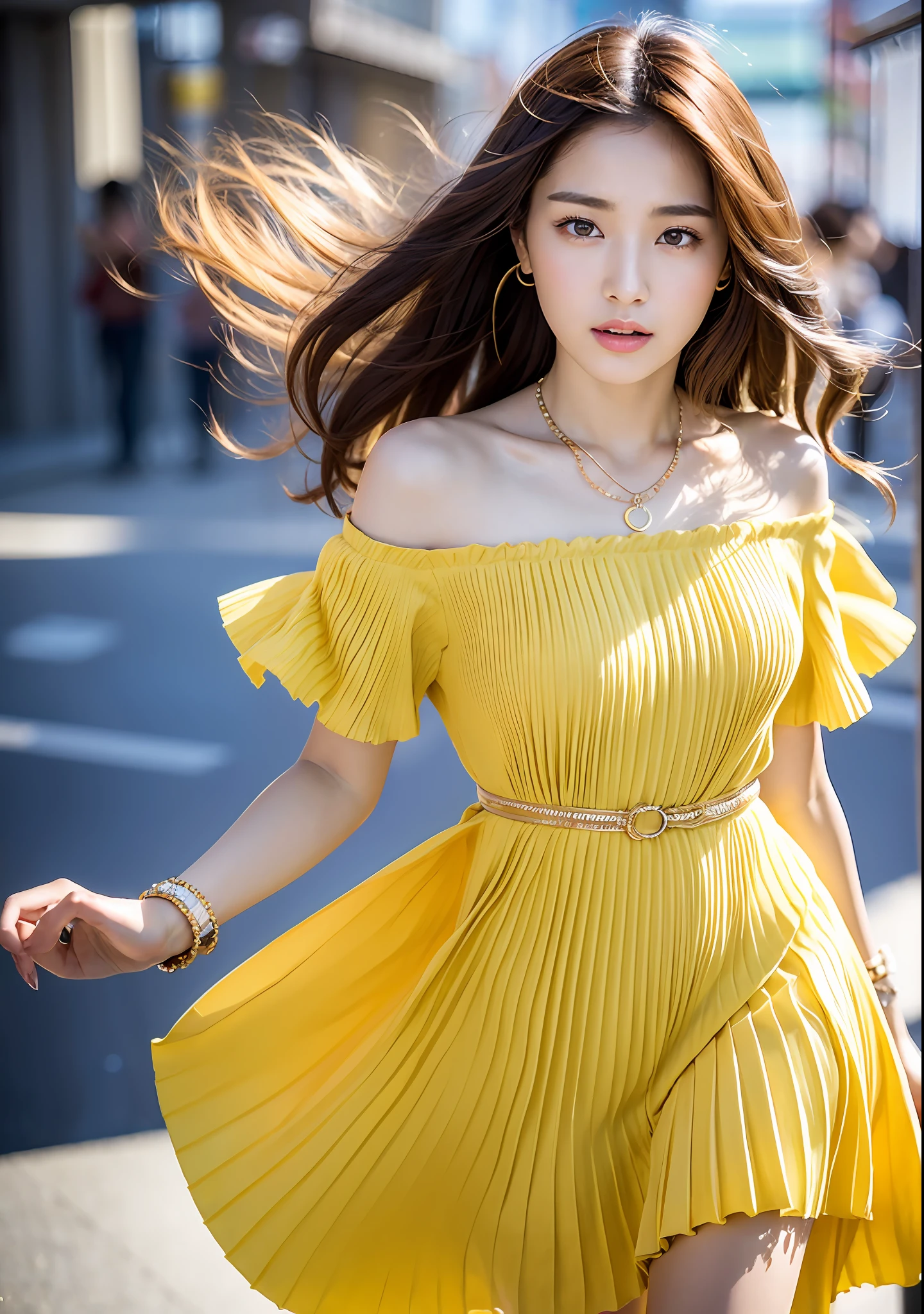 ((top quality, 8k, masterpiece: 1.3)), women (full body portrait, wearing long dresses with light yellow pleats and ruffles), scorching sun, background urban landscape, overhead camera, sharp focus: 1.2, cute women: 1.4, ((brown, long, floating)), very detailed face and skin and hair texture, wind, curling skirt, small necklace on the neck, Bracelet, ring, detailed eyes, double eyelids, white skin, beautiful legs, beautiful delicate nose, cute young Japan woman, 24 years old, with dynamic angles, featuring calm tones and contrasting mixes of light and shadow, while exuding melancholy emotions, while emphasizing the subject's hair, eyes, mouth and action, it is a composition pleasing to the eye and suggestive.