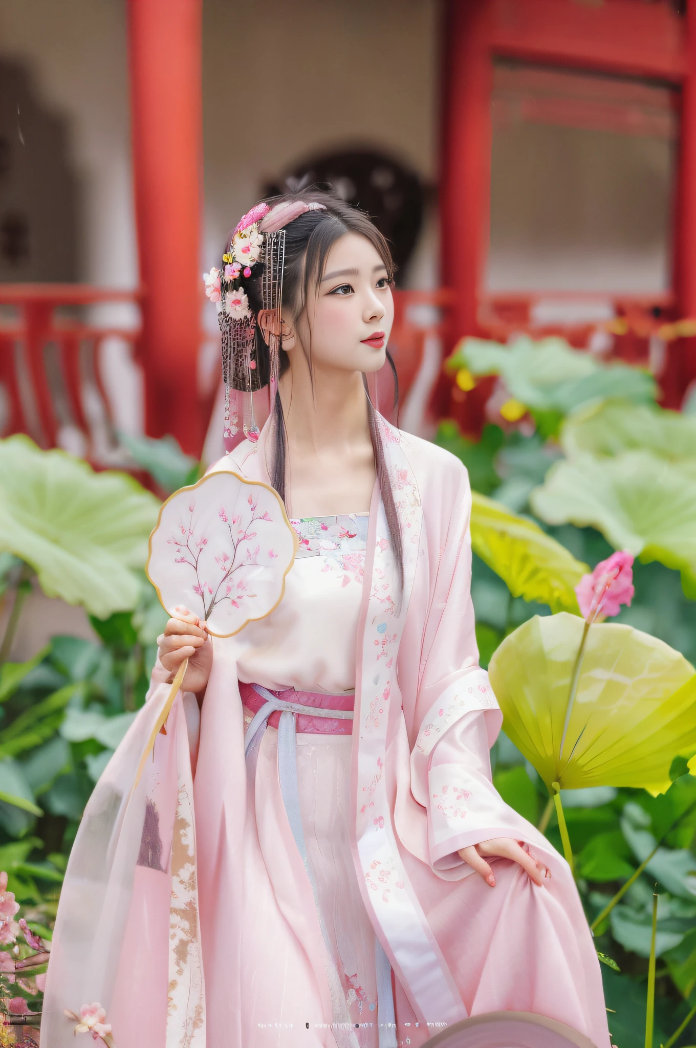 Araki woman in pink dress holding fan and fan, hanfu, palace, hanfu, girl in white hanfu, wearing ancient chinese costume, traditional chinese costume, chinese costume, ancient chinese princess, chinese style, tang dynasty, Chinese Traditional, full body fairy, chinese costume, chinese princess, shaxi, burst breast, big breast