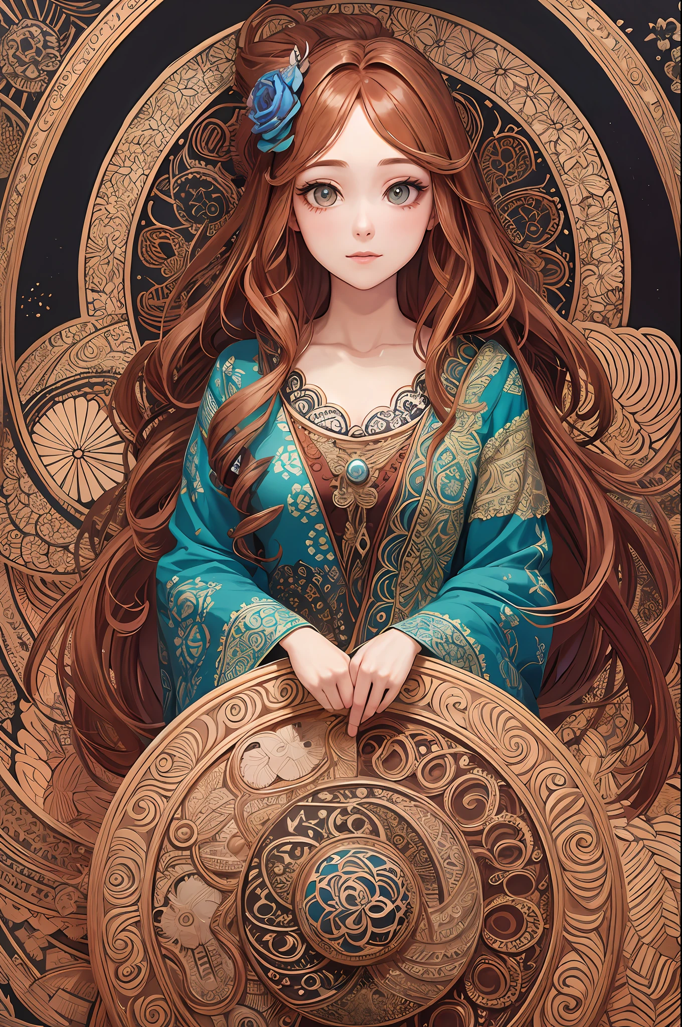 official art, 8k unit wallpaper, ultra detailed, beautiful and aesthetic, high quality, beautiful, masterpiece, best quality (zentangle, mandala, tangled, tangled: 0.6), a young woman in her 20s, long brown hair red locks one eye blue and one red