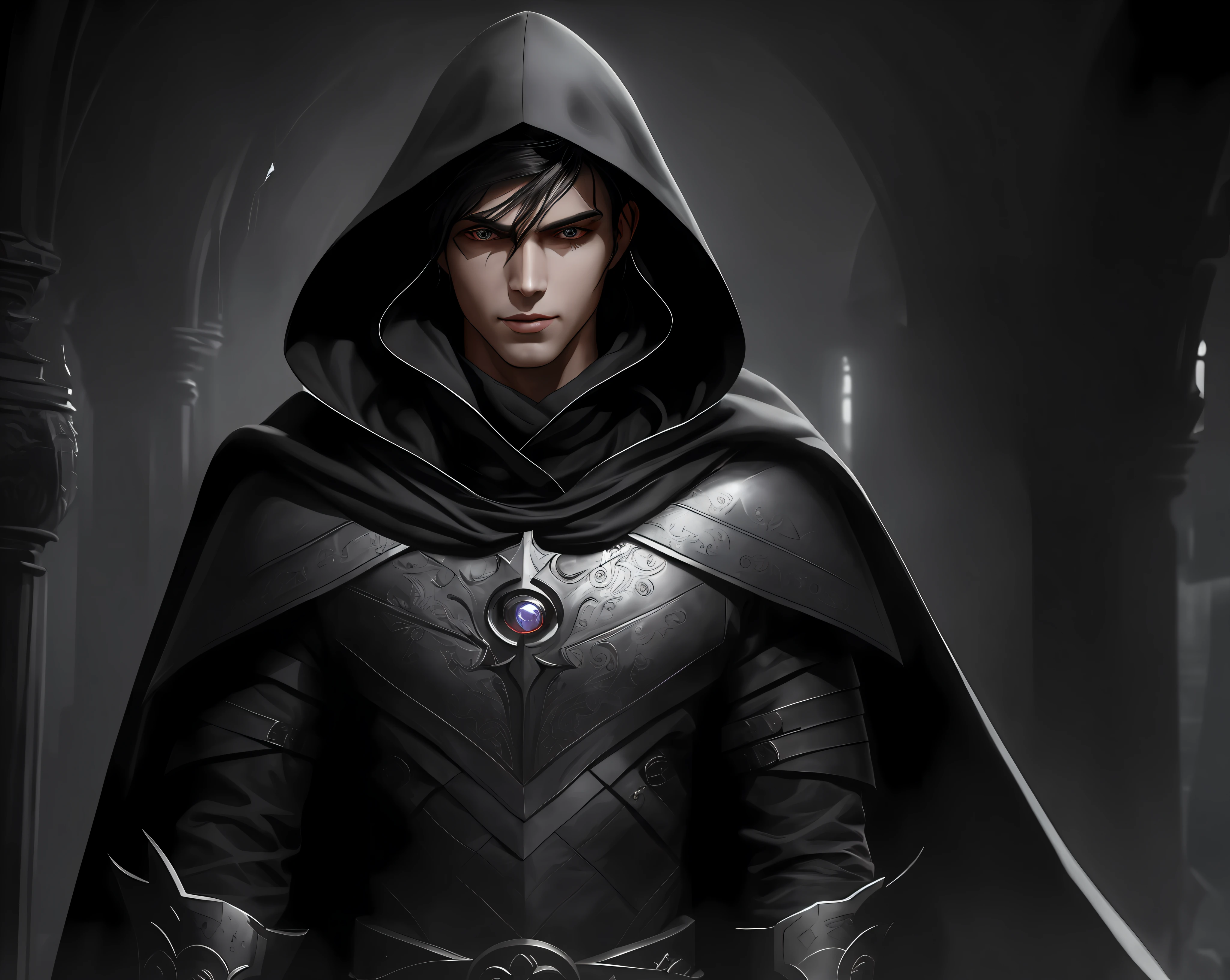 (exceedingly detailed CG unity 8k wallpaper, masterpiece, best quality, ultra-detailed), dynamic pose, a stunning and handsome young man with an alluring hood, (dark hair, a hint of a smile, piercing eyes), dramatic shadows, gloomy atmosphere.