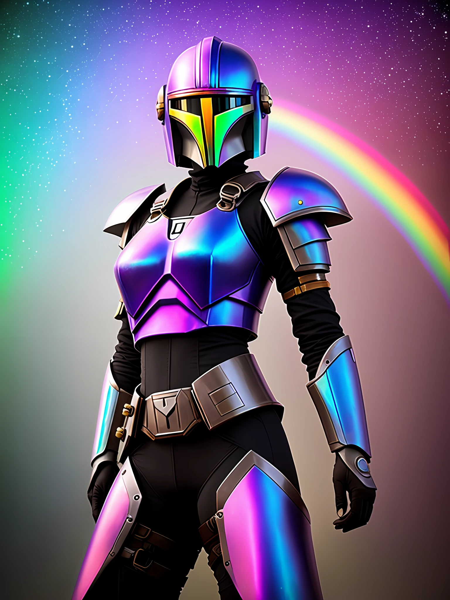 Close up of sexy female mandalorian, (helmet covering face), midriff showing, (rainbow Phantasmal Iridescent armor:1.3), standing on the Halo planet, holding a gun, dramatic lighting, intricate details, hdr, hyperdetailed, cinematic shot, vignette, bokeh effect background, fairy lights, waterfall, sparkles, (dripping Phantasmal Iridescent paint in background: 1.4)