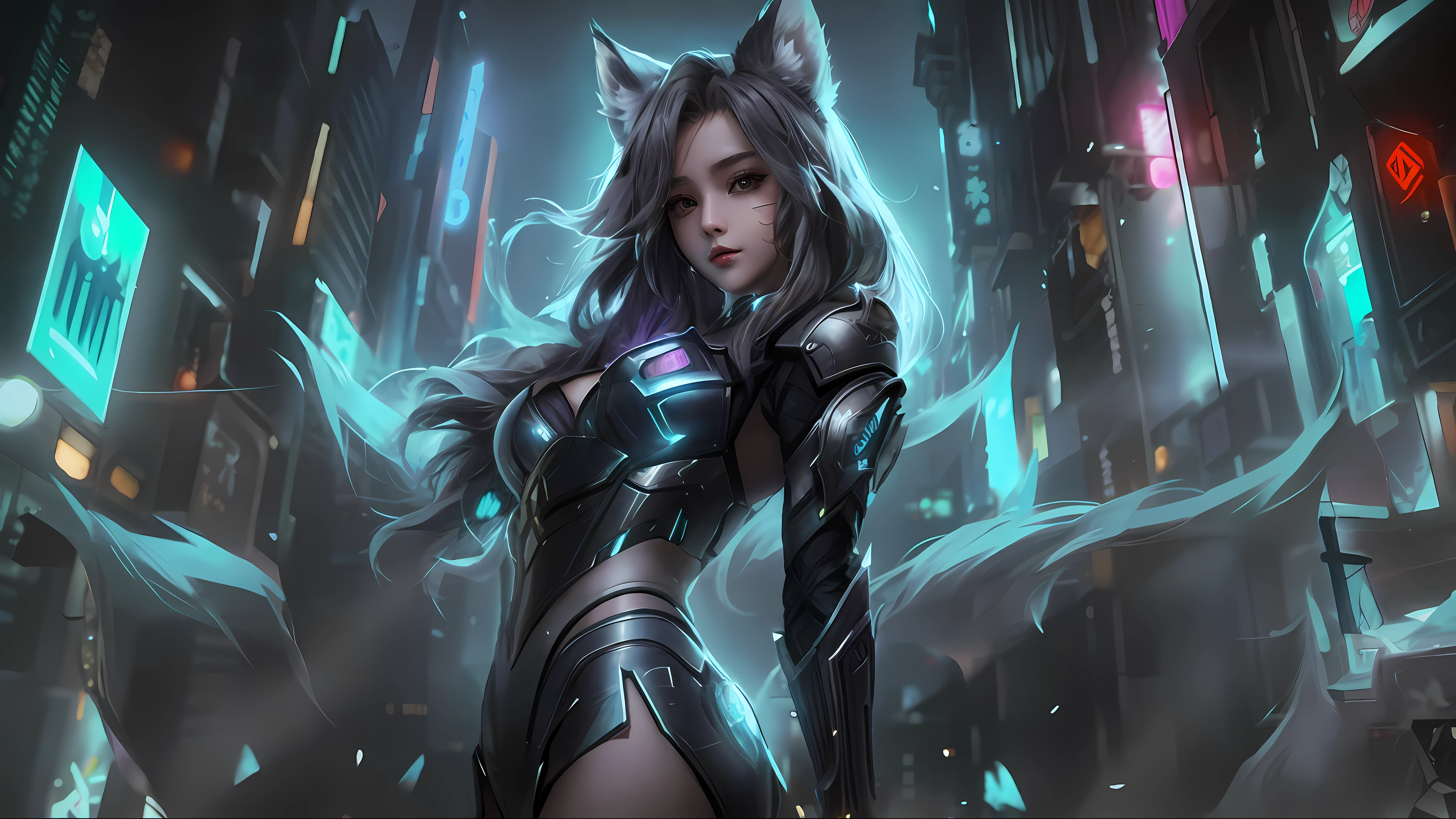 Superb image quality, 8k, masterpiece: 1.3, 1girl, super detailed, inspired by League of Legends' Tanuki, cyberpunk city by night, wearing gray metal armor